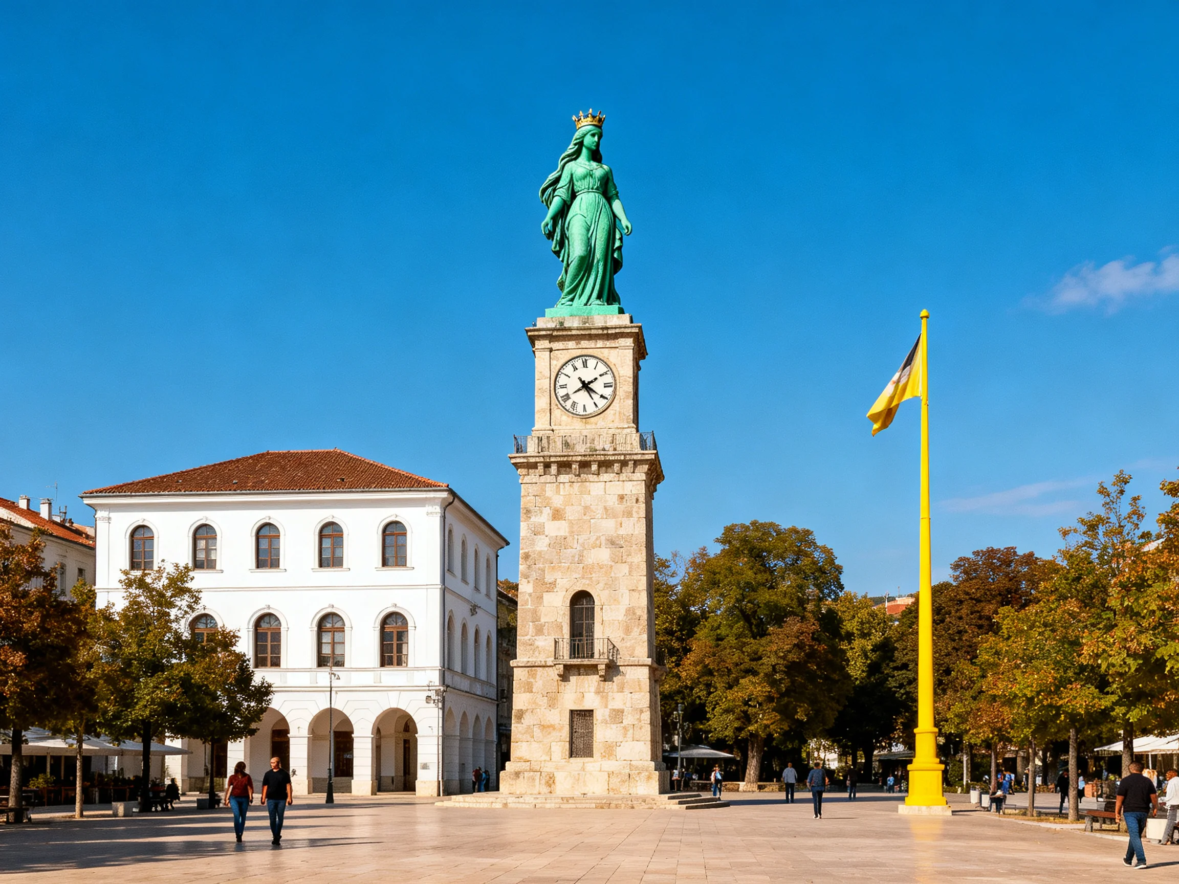 Historic stone clock tower with green statue near white building