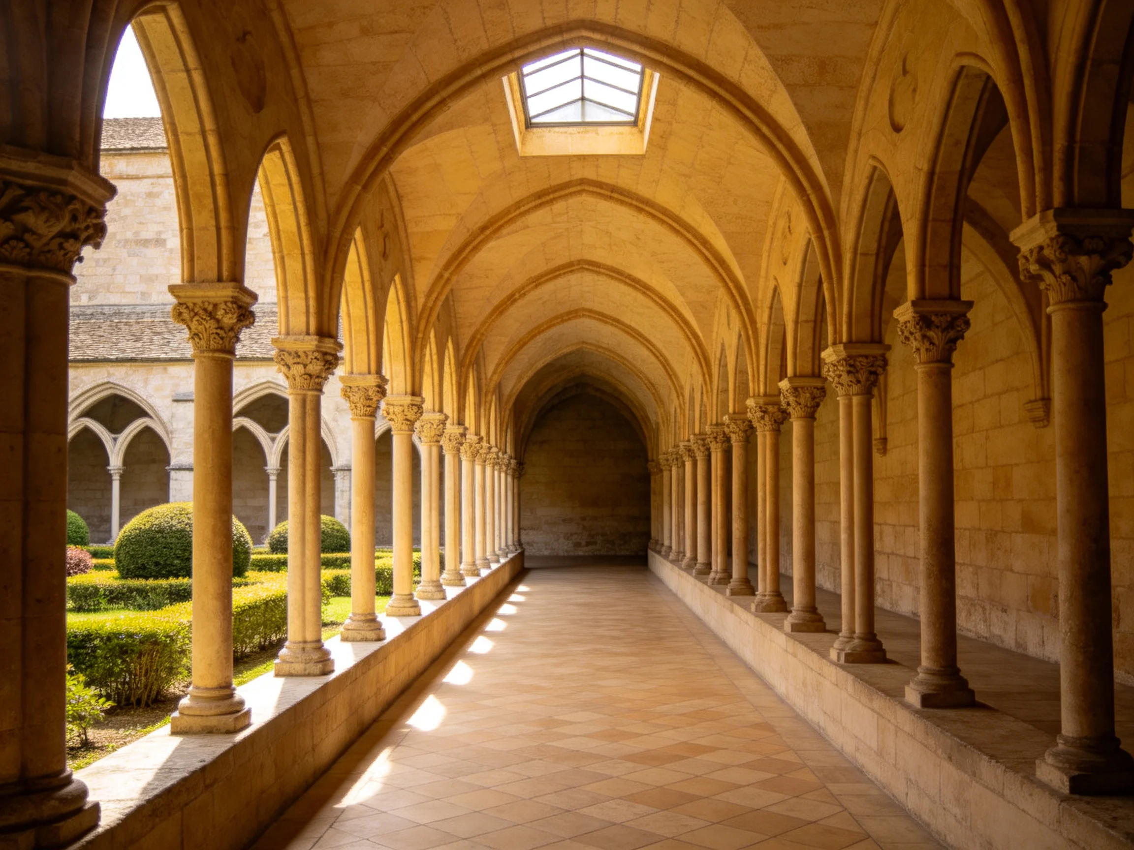 Historic stone cloister with arched colonnade and garden courtyard