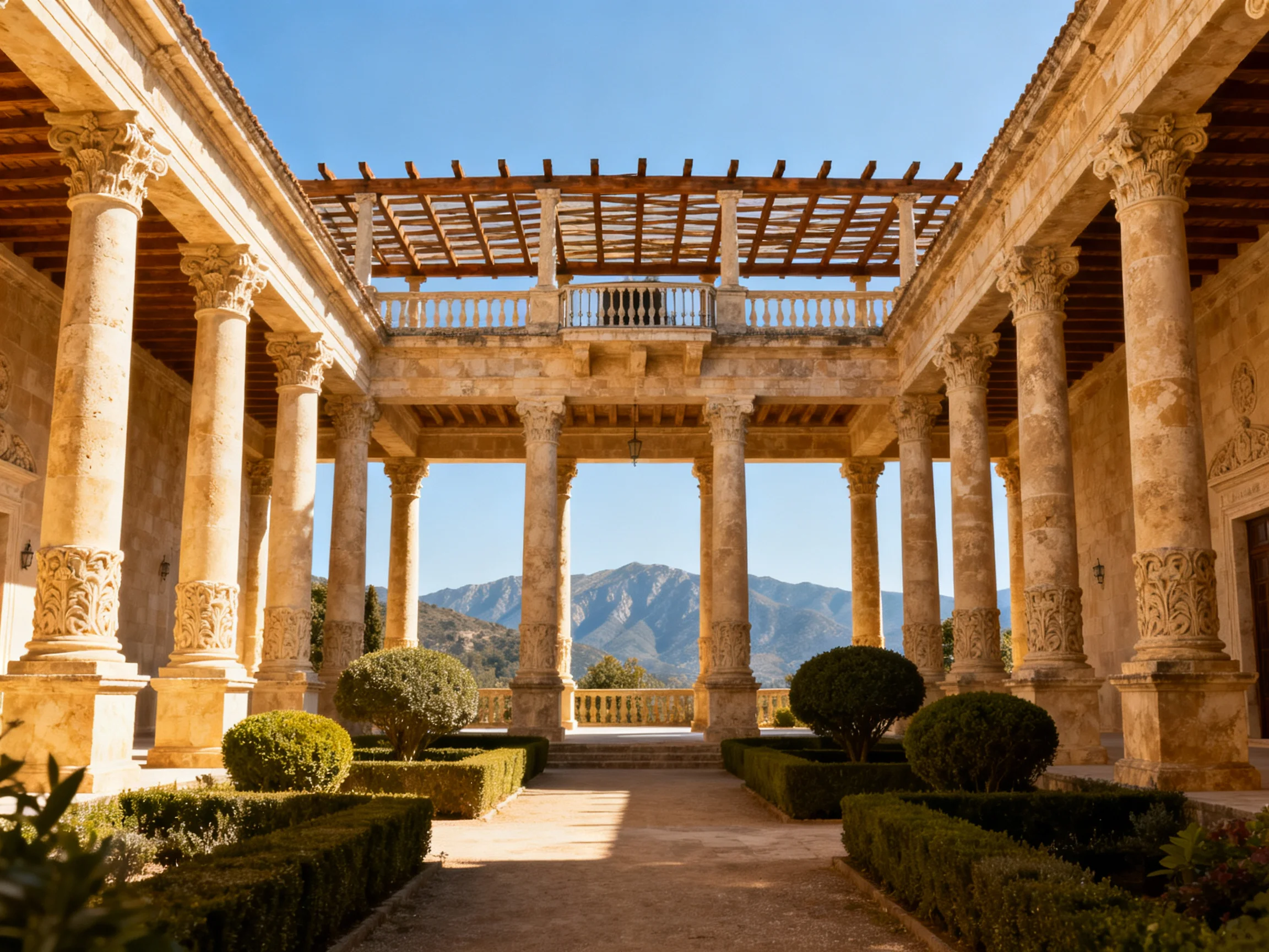 Historic stone colonnade with wooden pergola and mountain backdrop