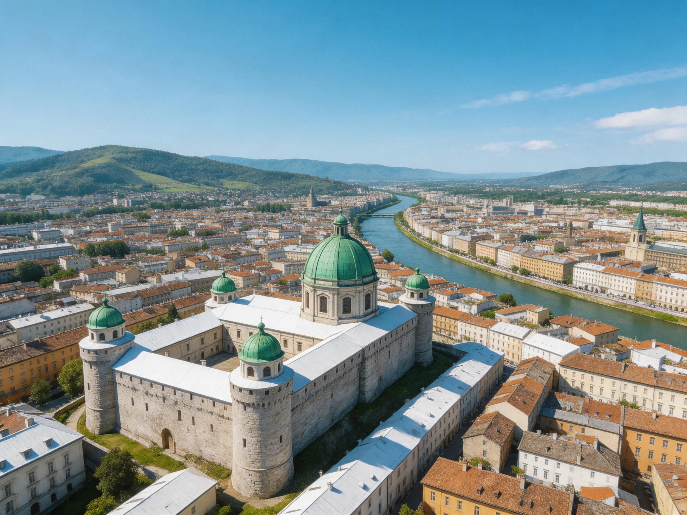 Historic stone complex with green domes overlooks winding river