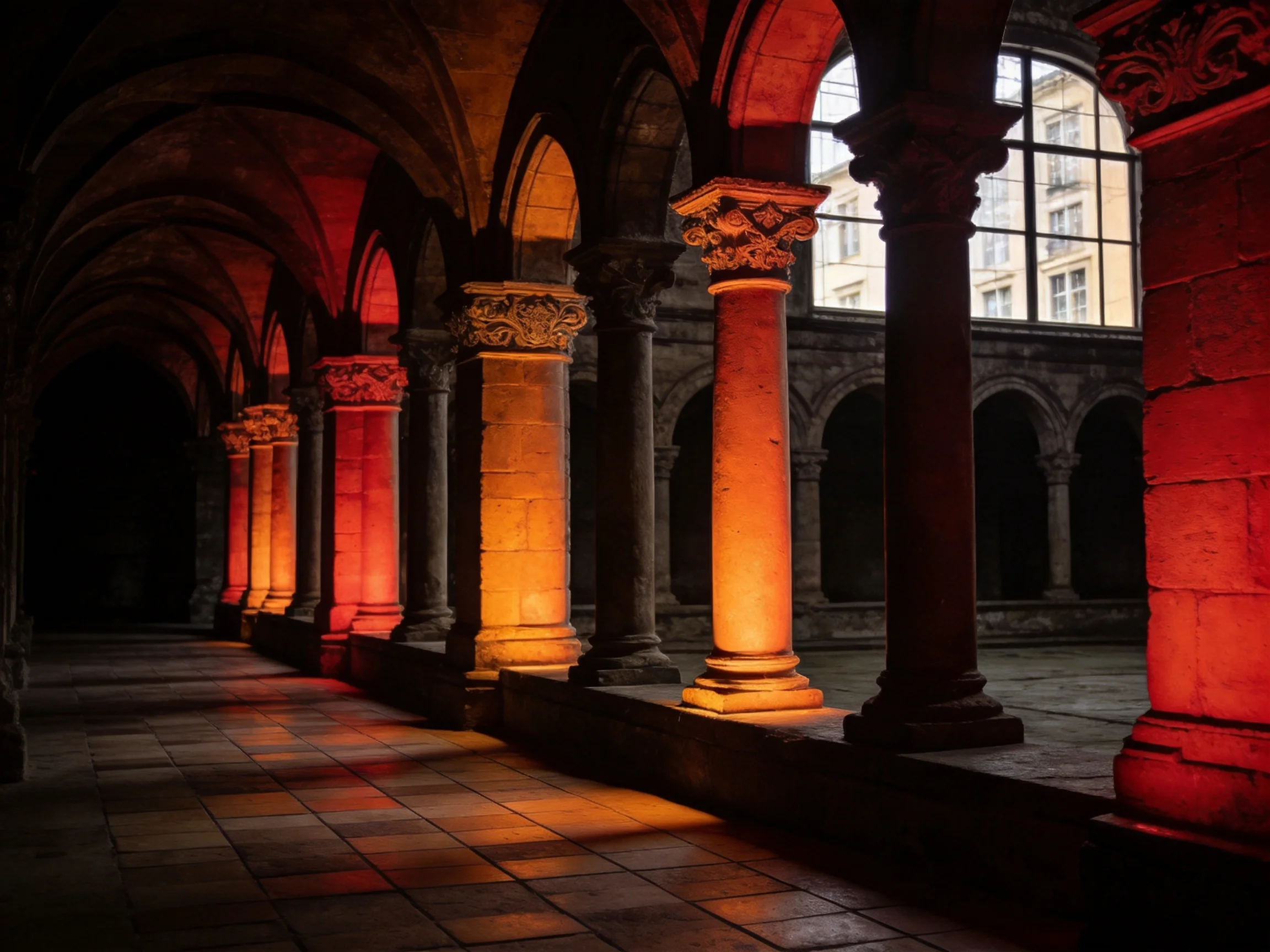 Historic stone corridor with arched columns and warm coloured lighting