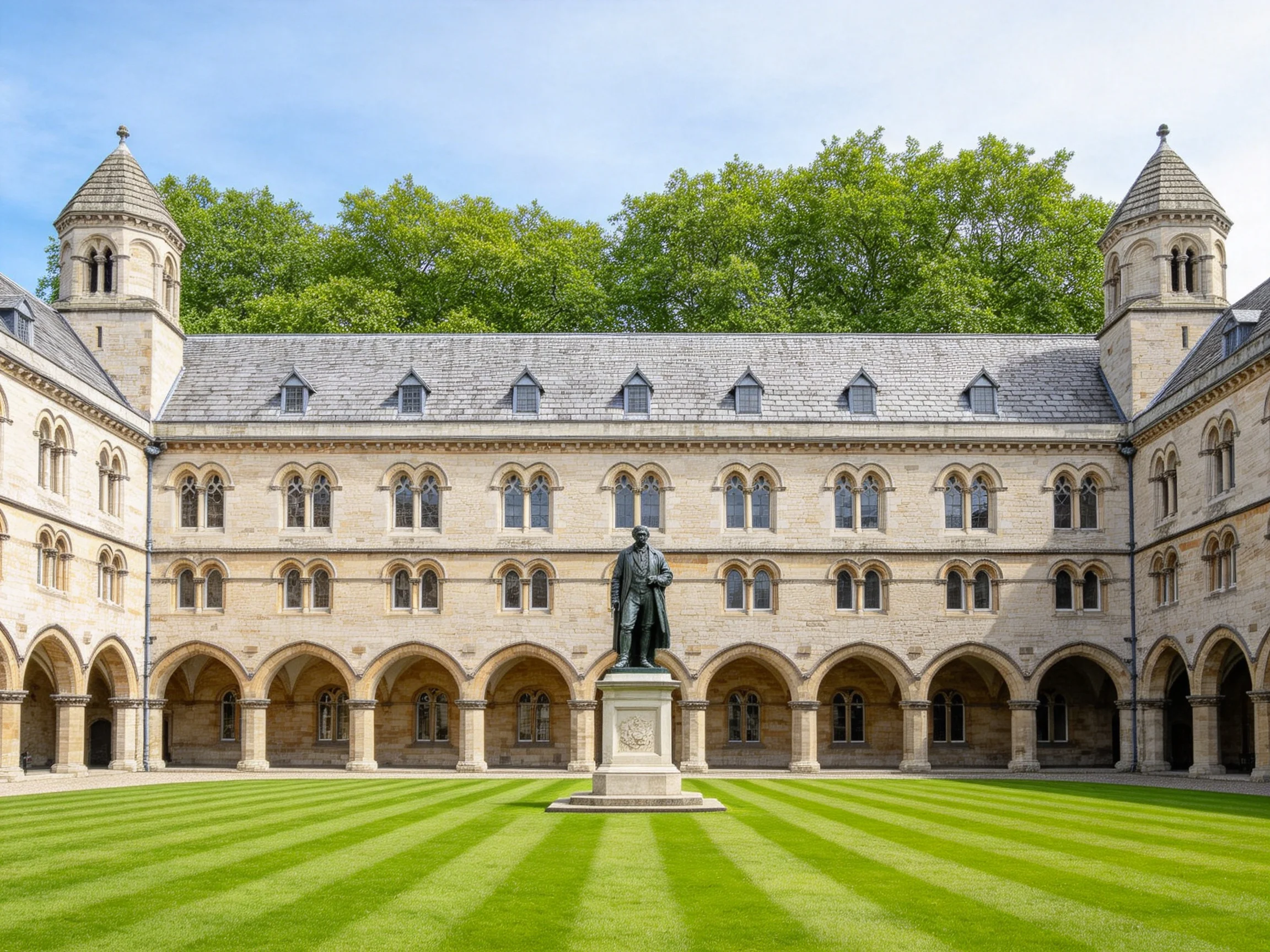 Historic stone courtyard with central statue and arched colonnades