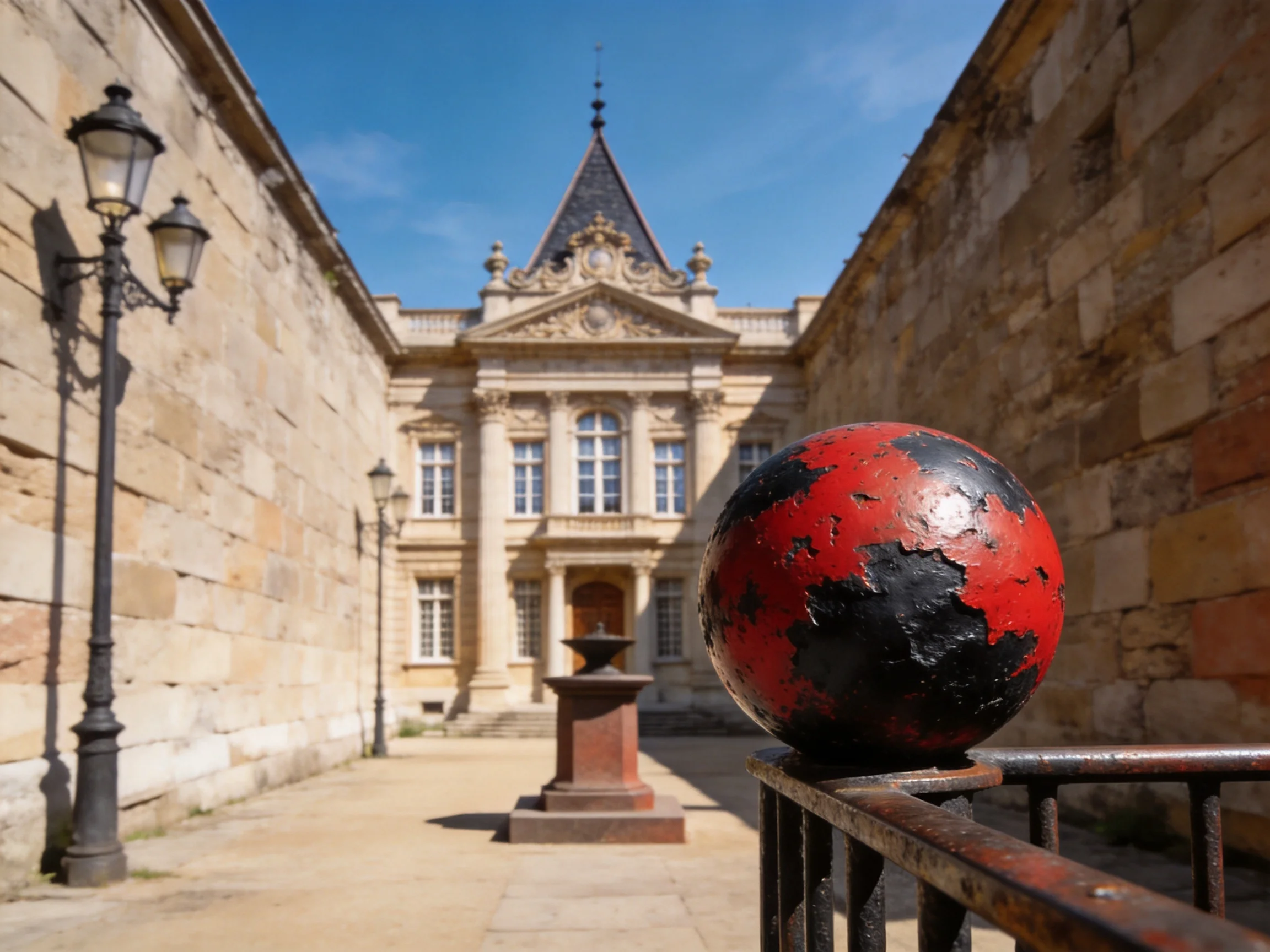 Historic stone courtyard with ornate building and red-black sphere
