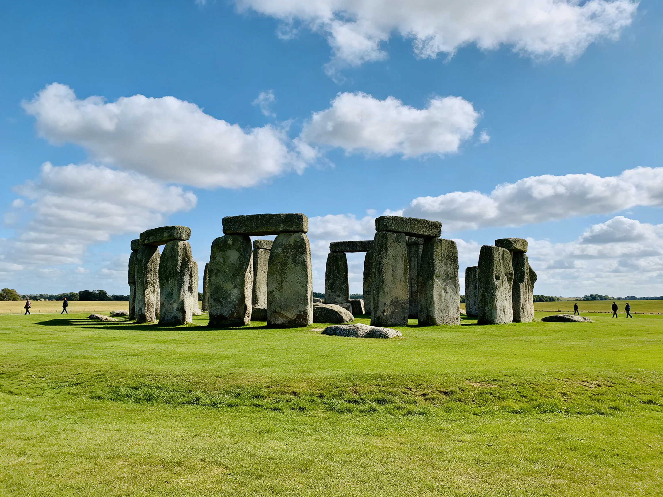 Historic stone structures on expansive green meadow with blue sky