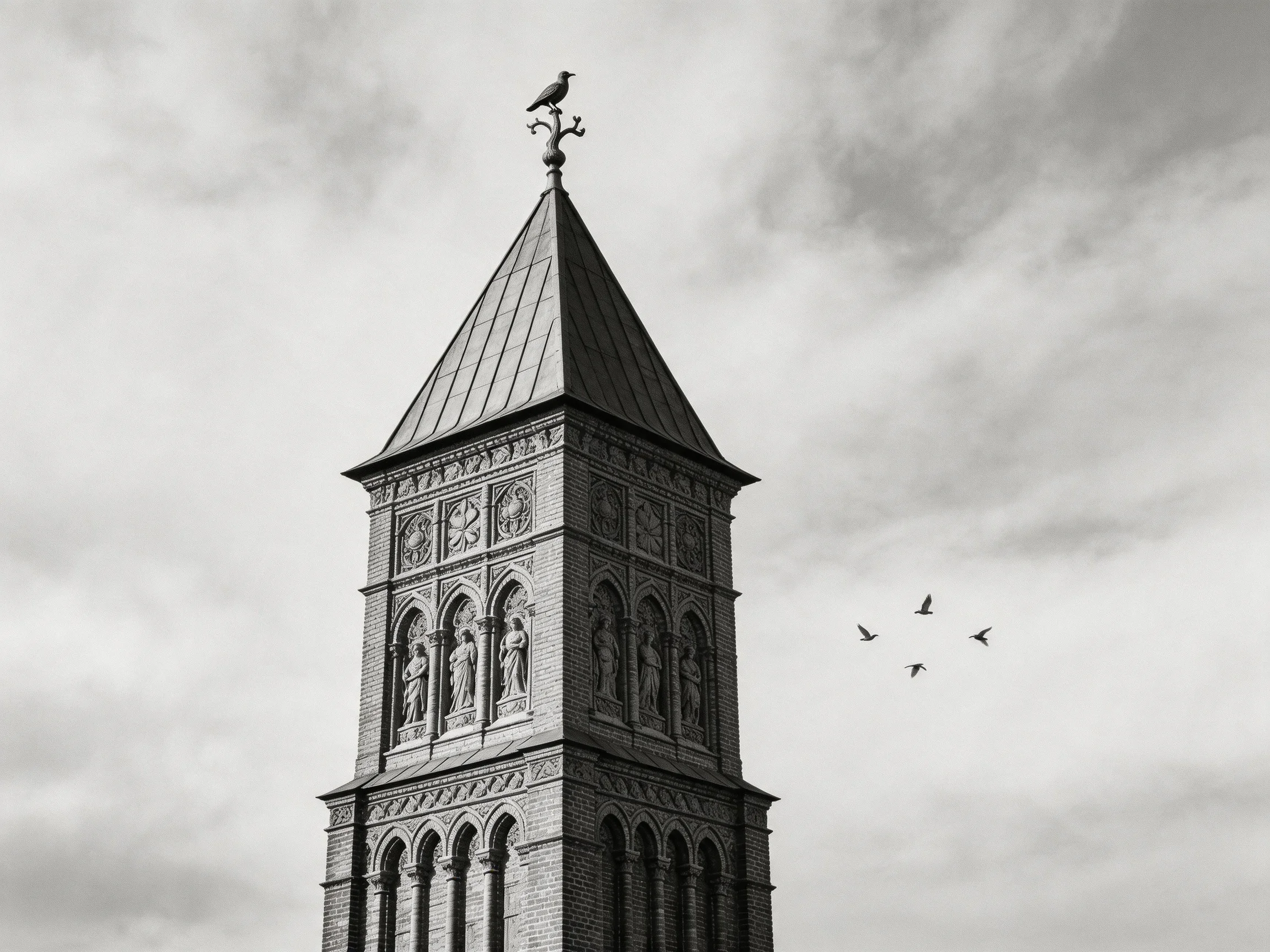 Historic stone tower with carved statues and flying birds
