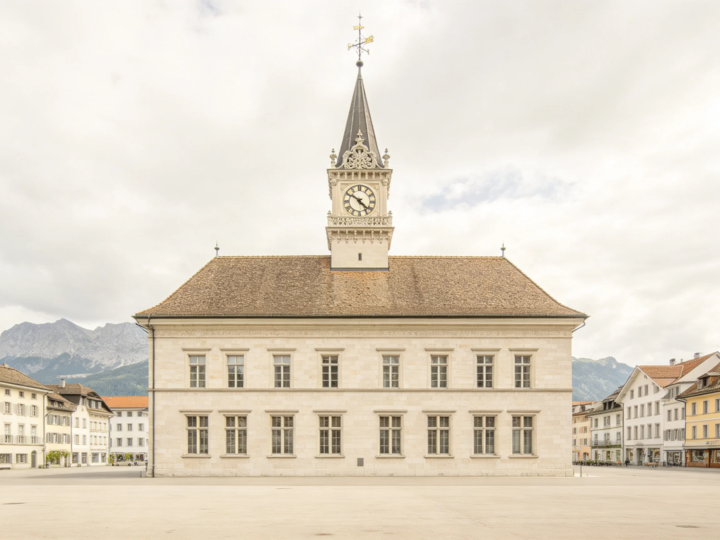 Historic stone town hall with ornate clock tower and mountain backdrop