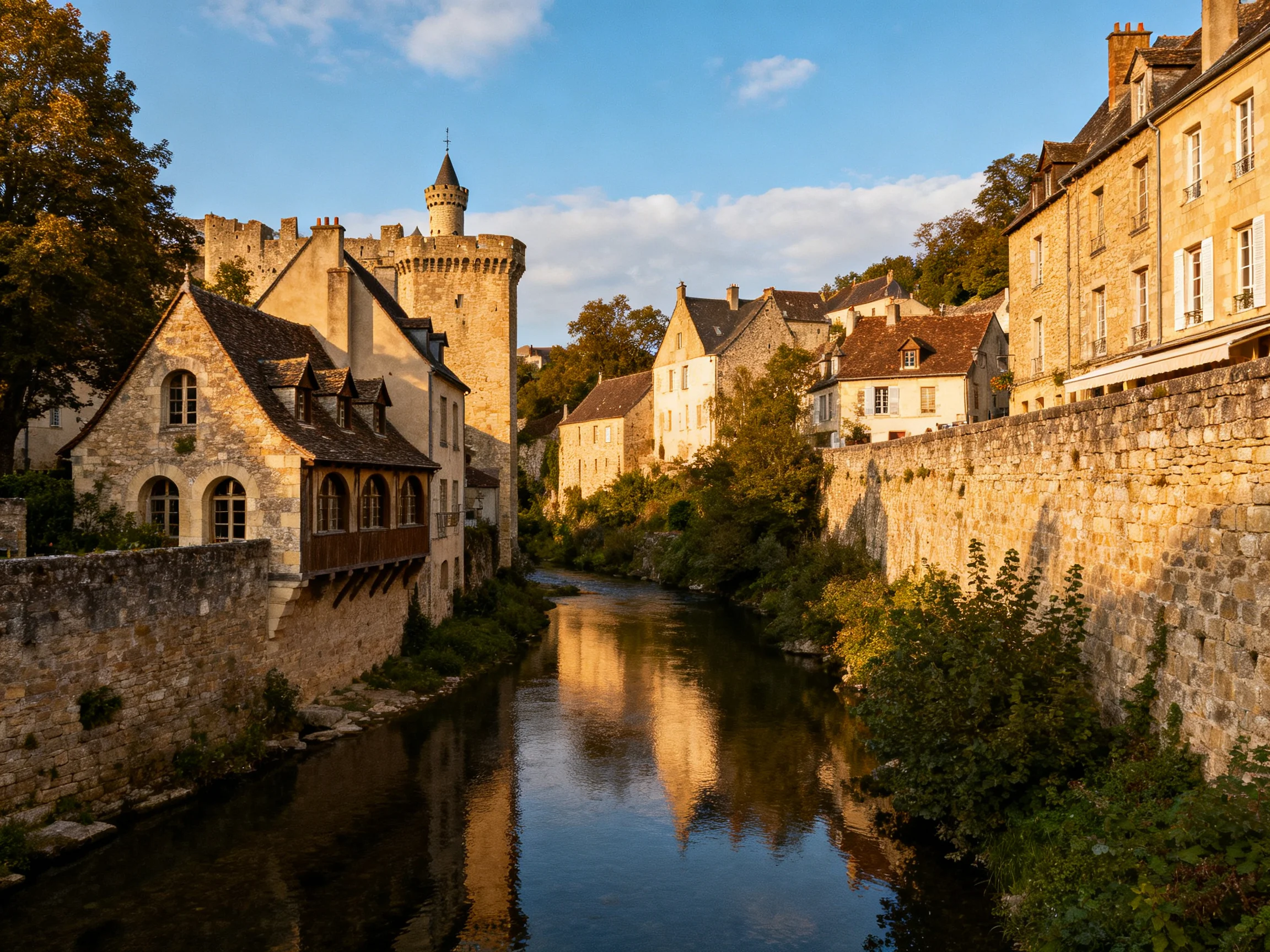 Historic stone village with castle tower alongside a reflective river