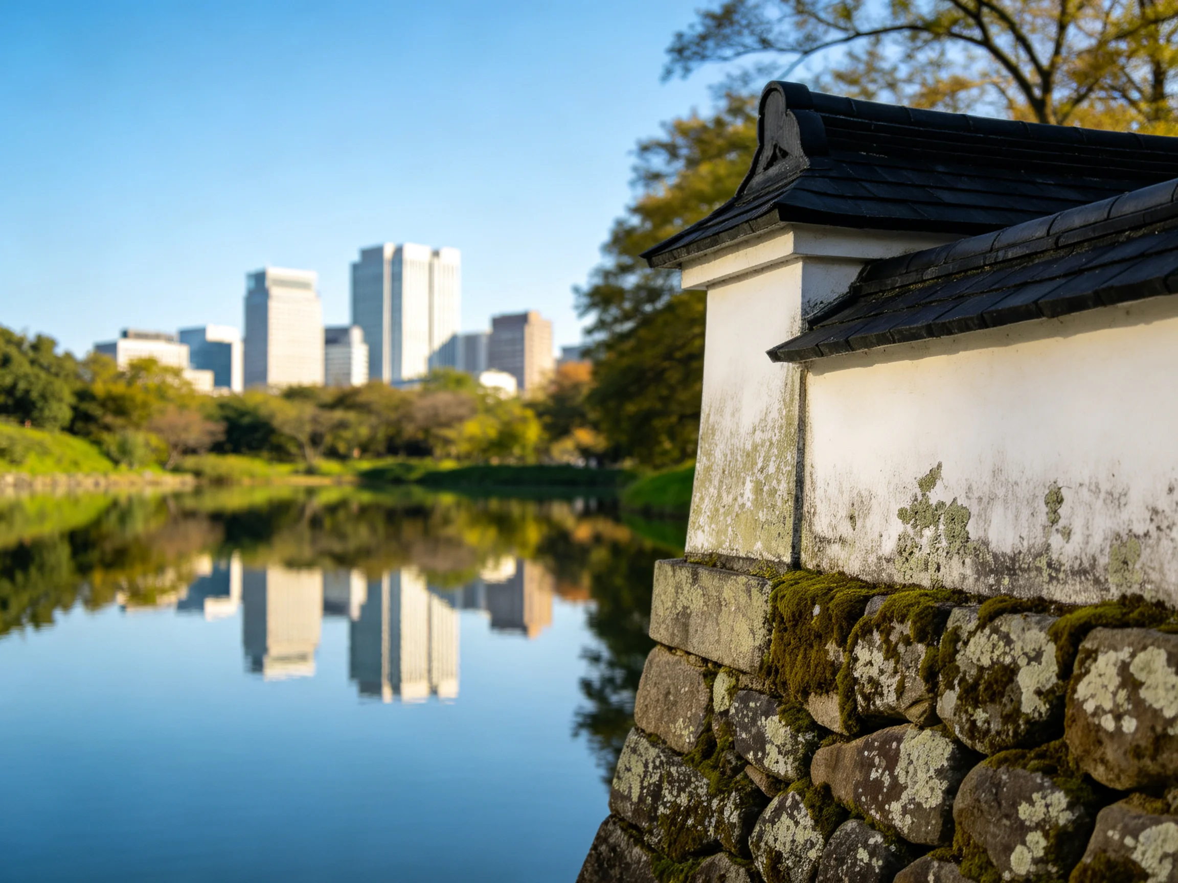Historic stone wall beside calm water reflecting modern skyscrapers