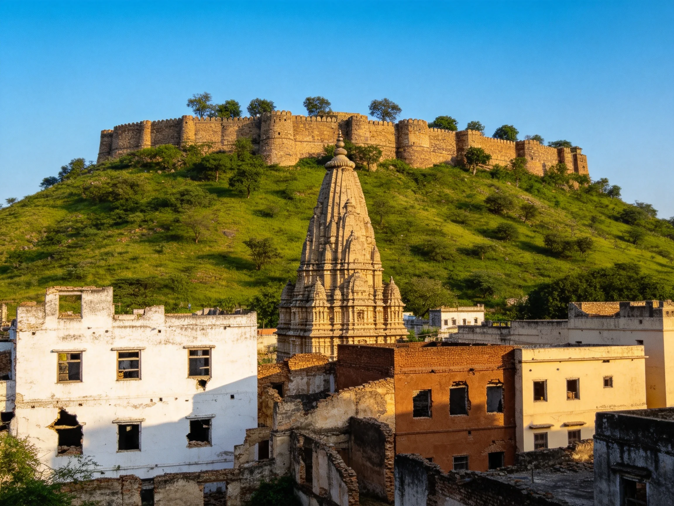Historic temple and ruins beneath a grand hilltop fortress