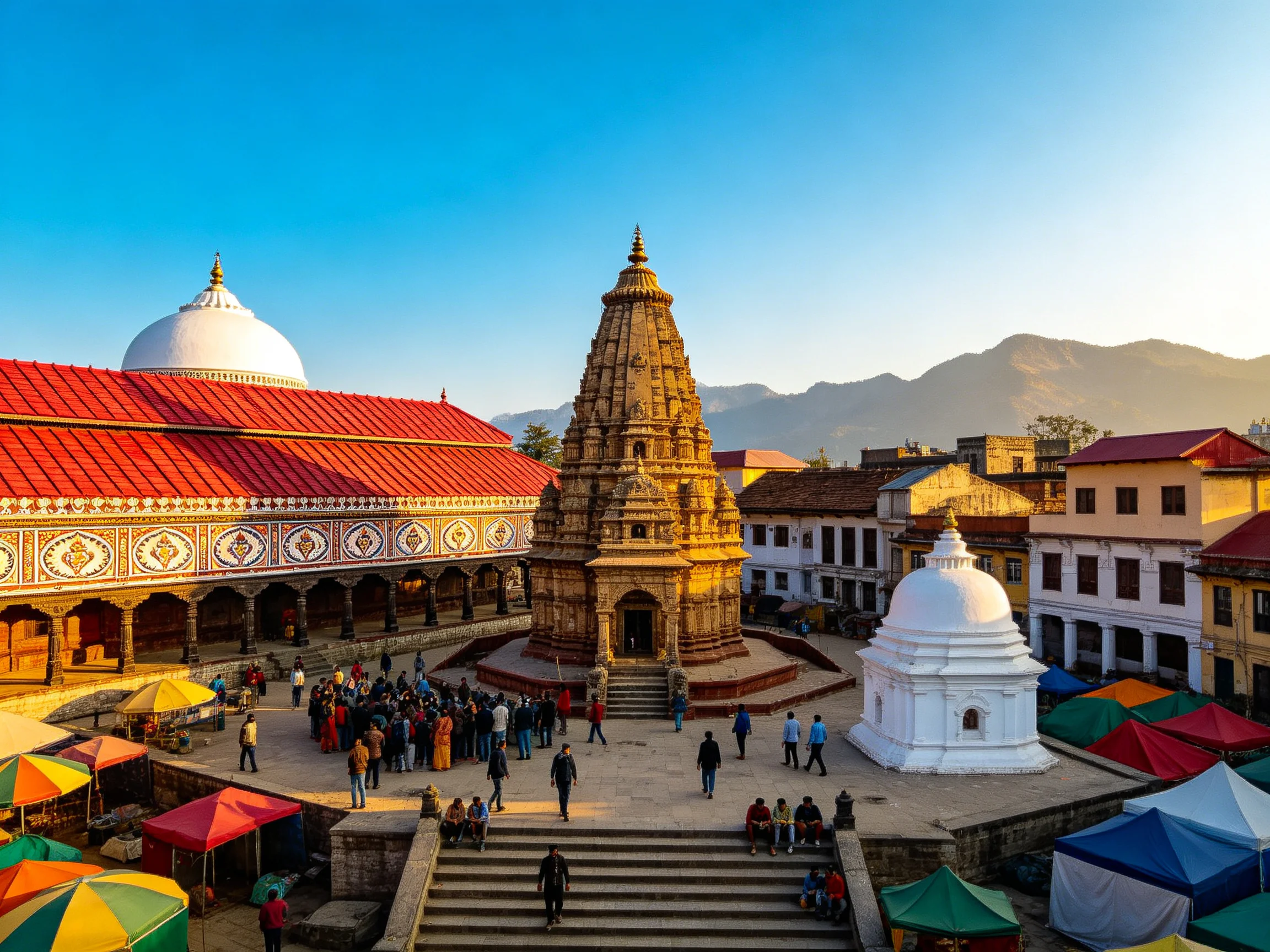 Historic temple complex with colorful tents and bustling crowds