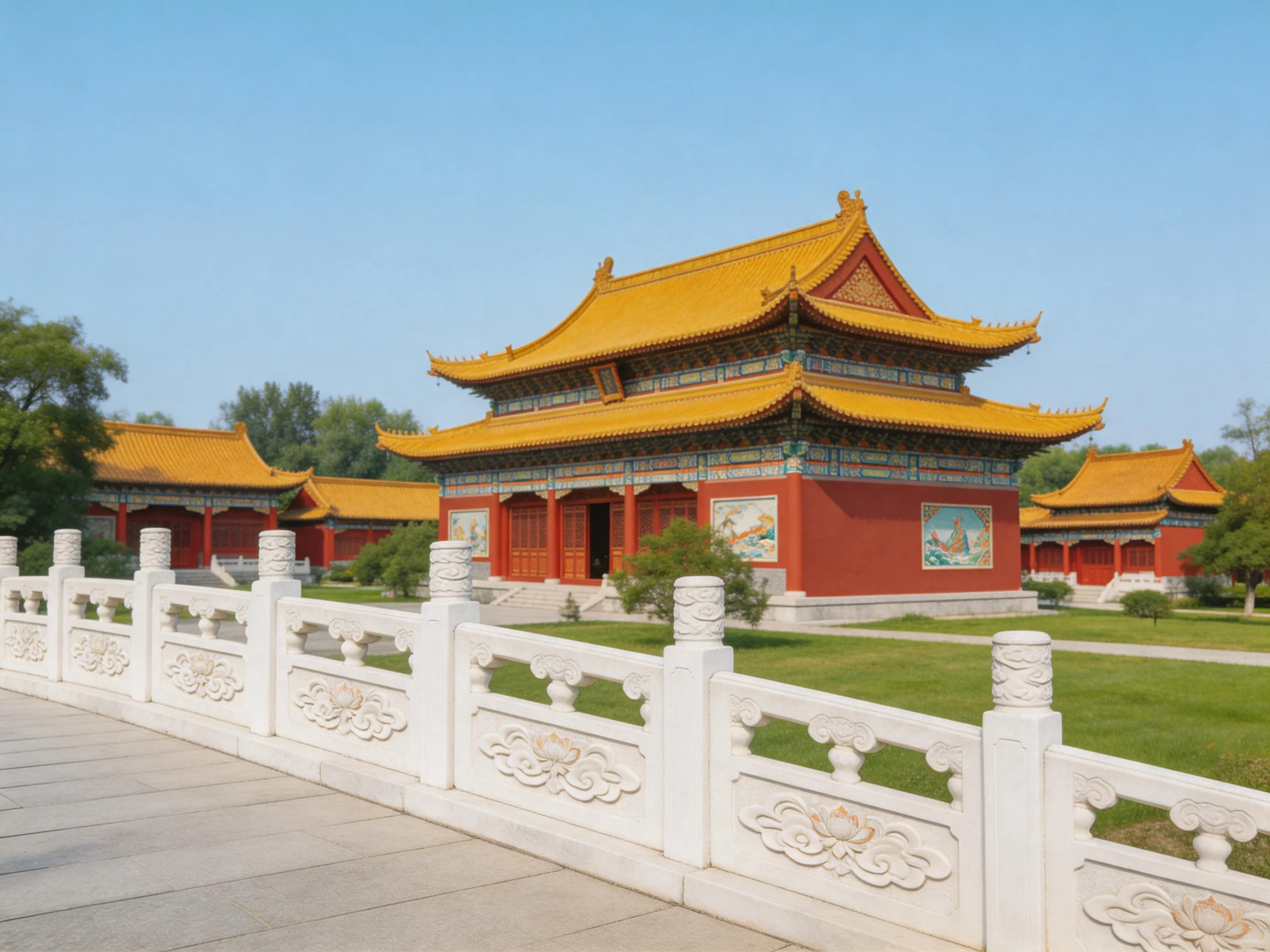 Historic temple complex with golden roofs, red walls, and white railings