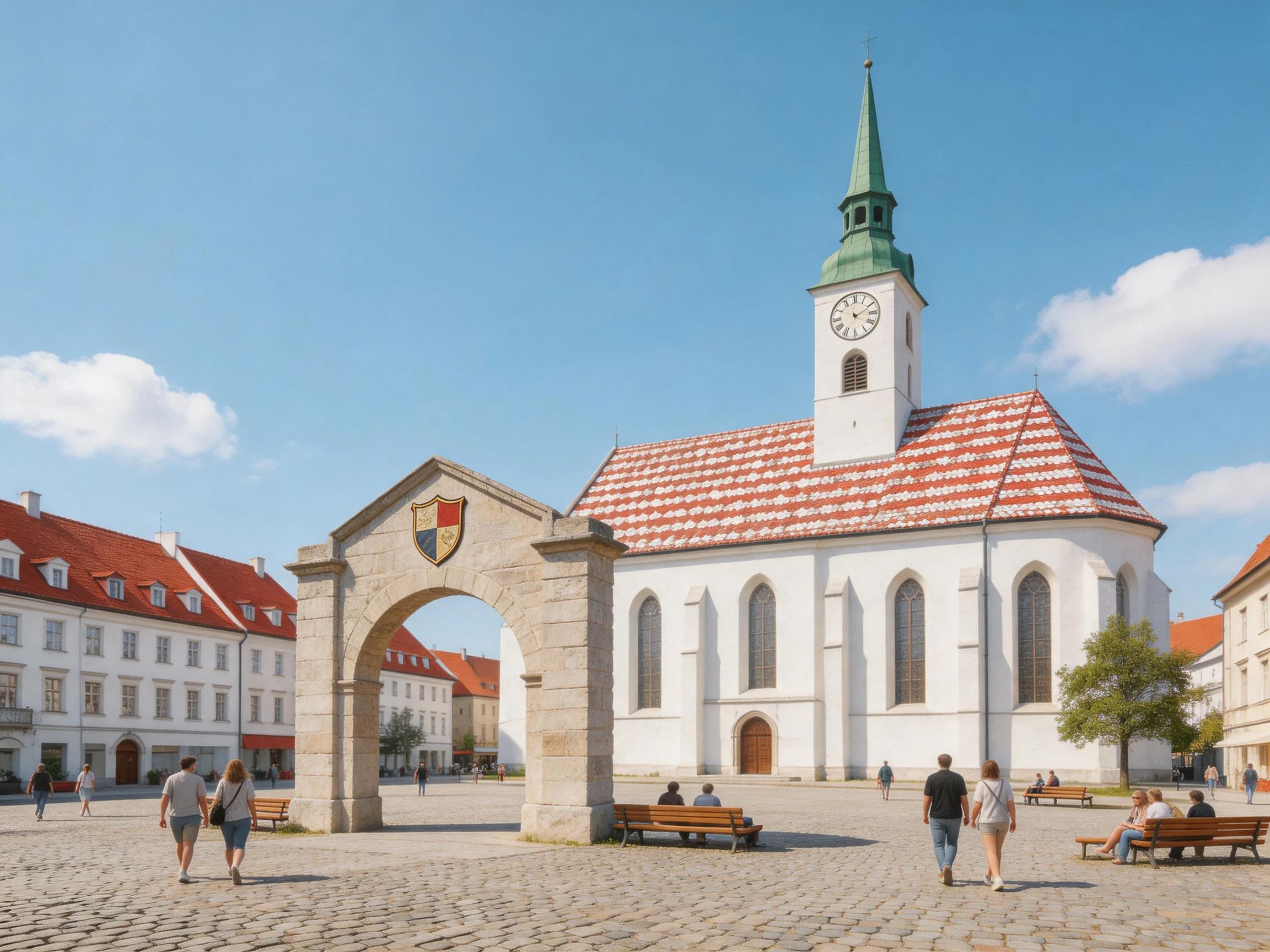 Historic town square with white church, red-tiled roof, and stone archway