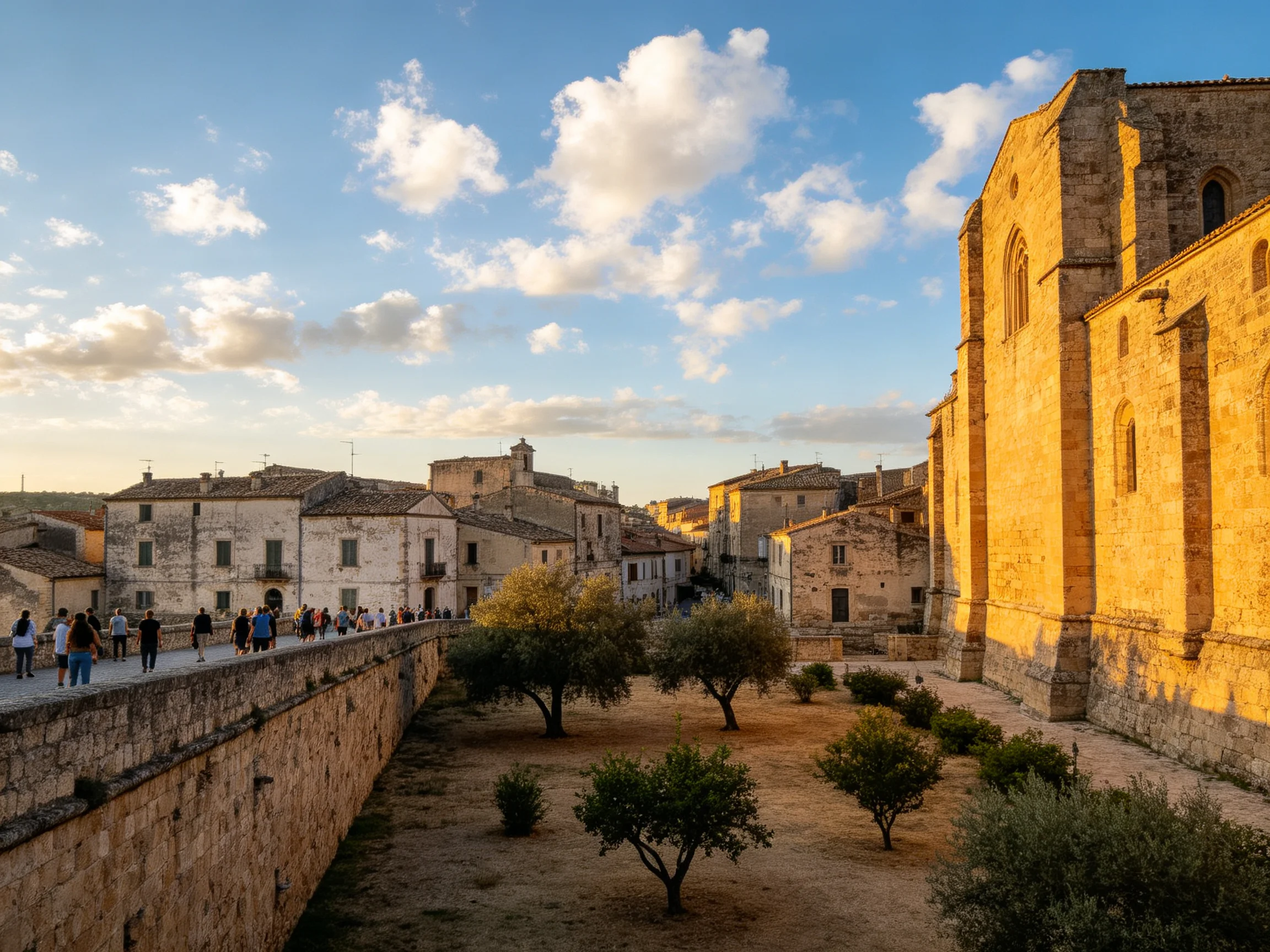Historic town with golden-hued architecture and ancient stone walls