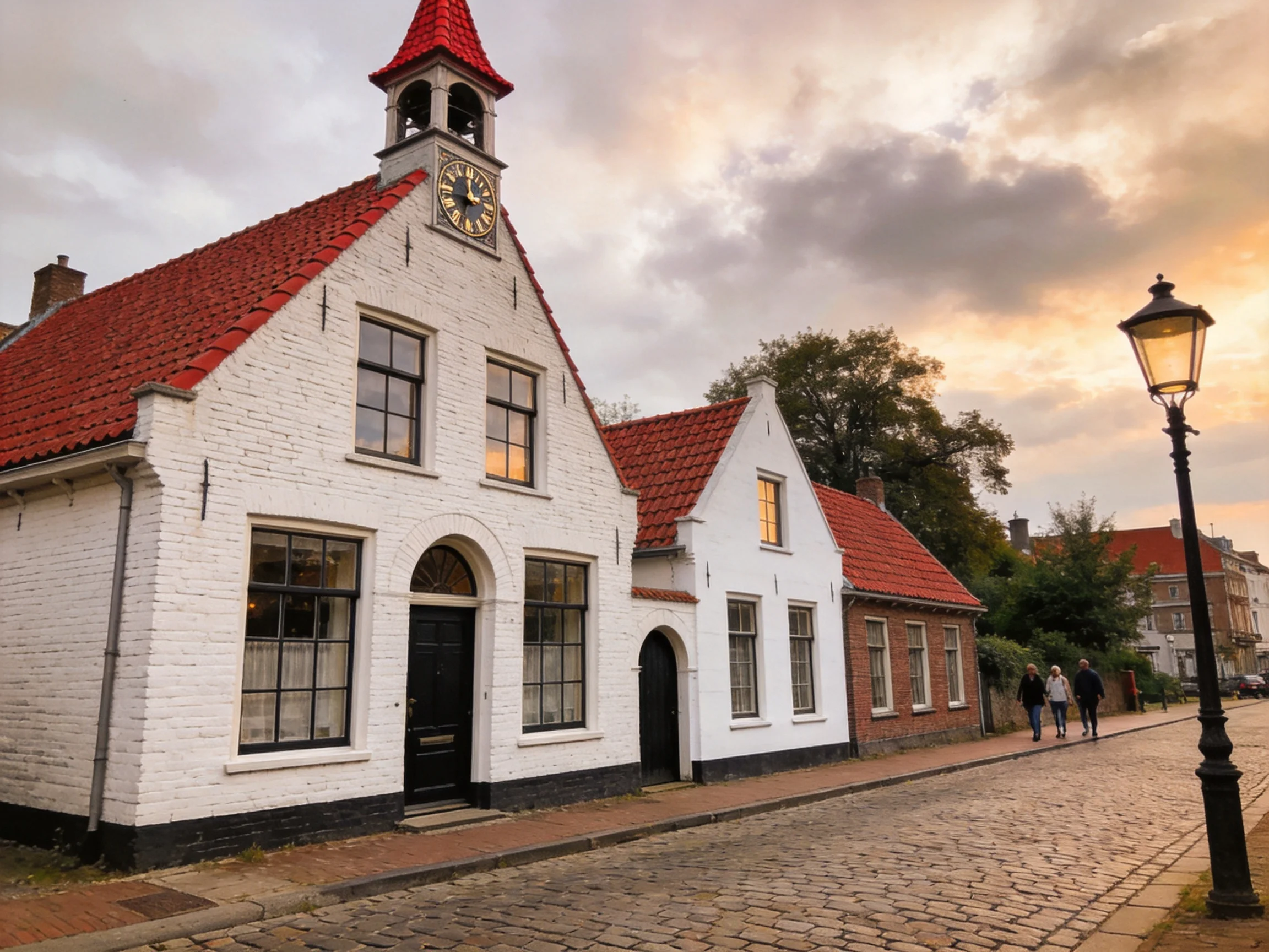 Historic white and red-roofed buildings near a cobblestone street