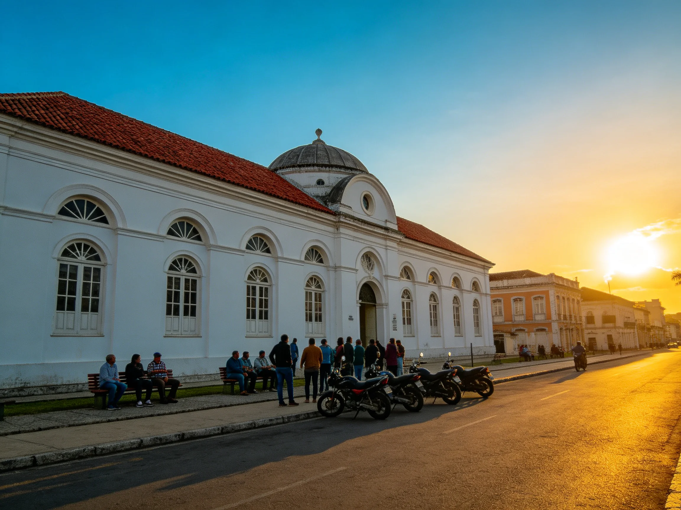 Historic white building with red-tiled roof near golden sunset