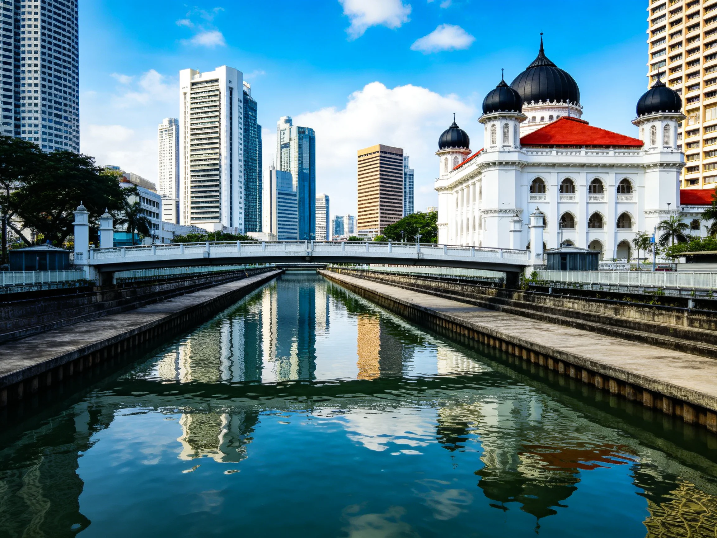 Historic white mosque with black domes near modern skyscrapers by a canal