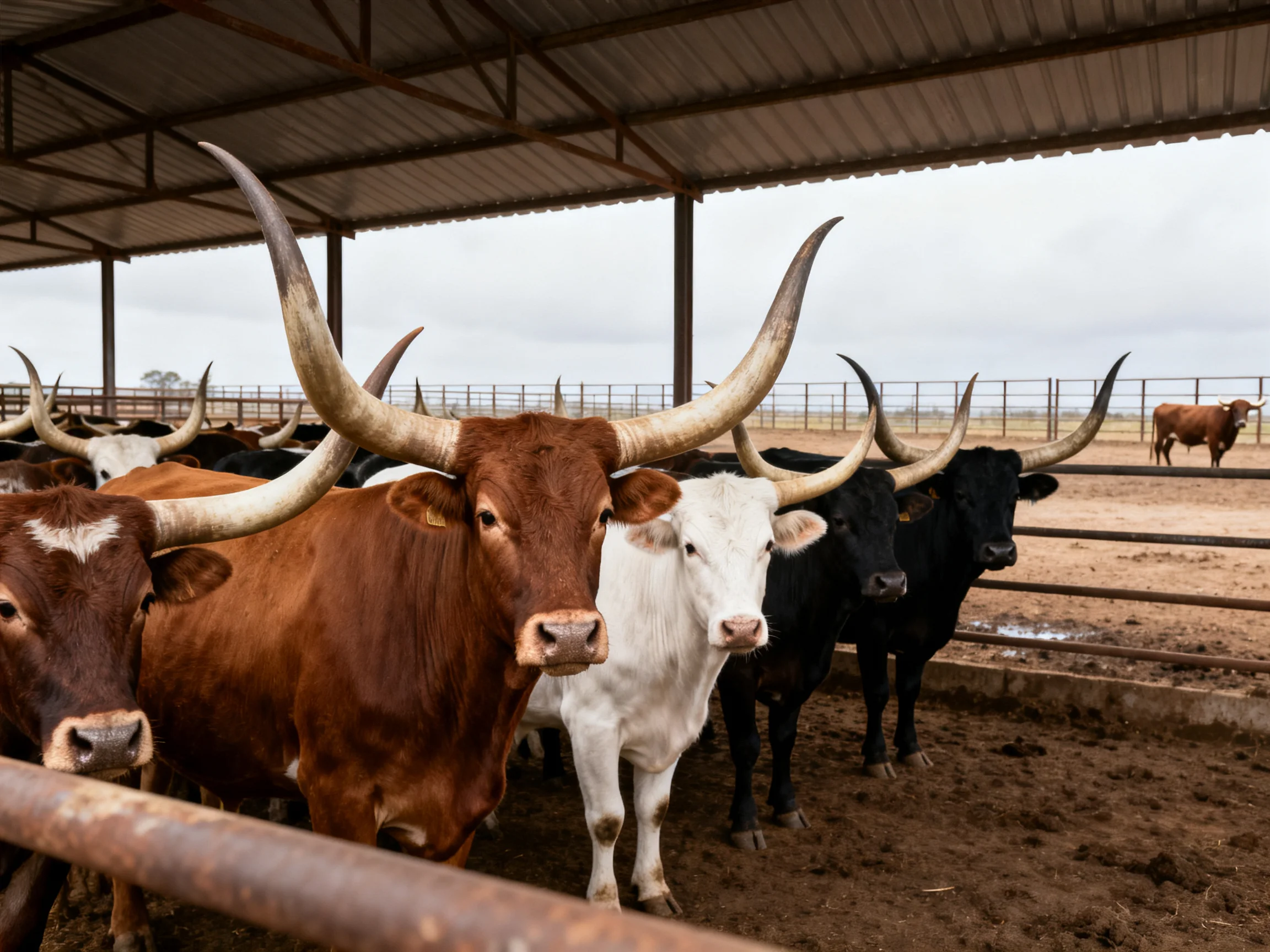 Horned cattle of brown, white, black under a metal shelter