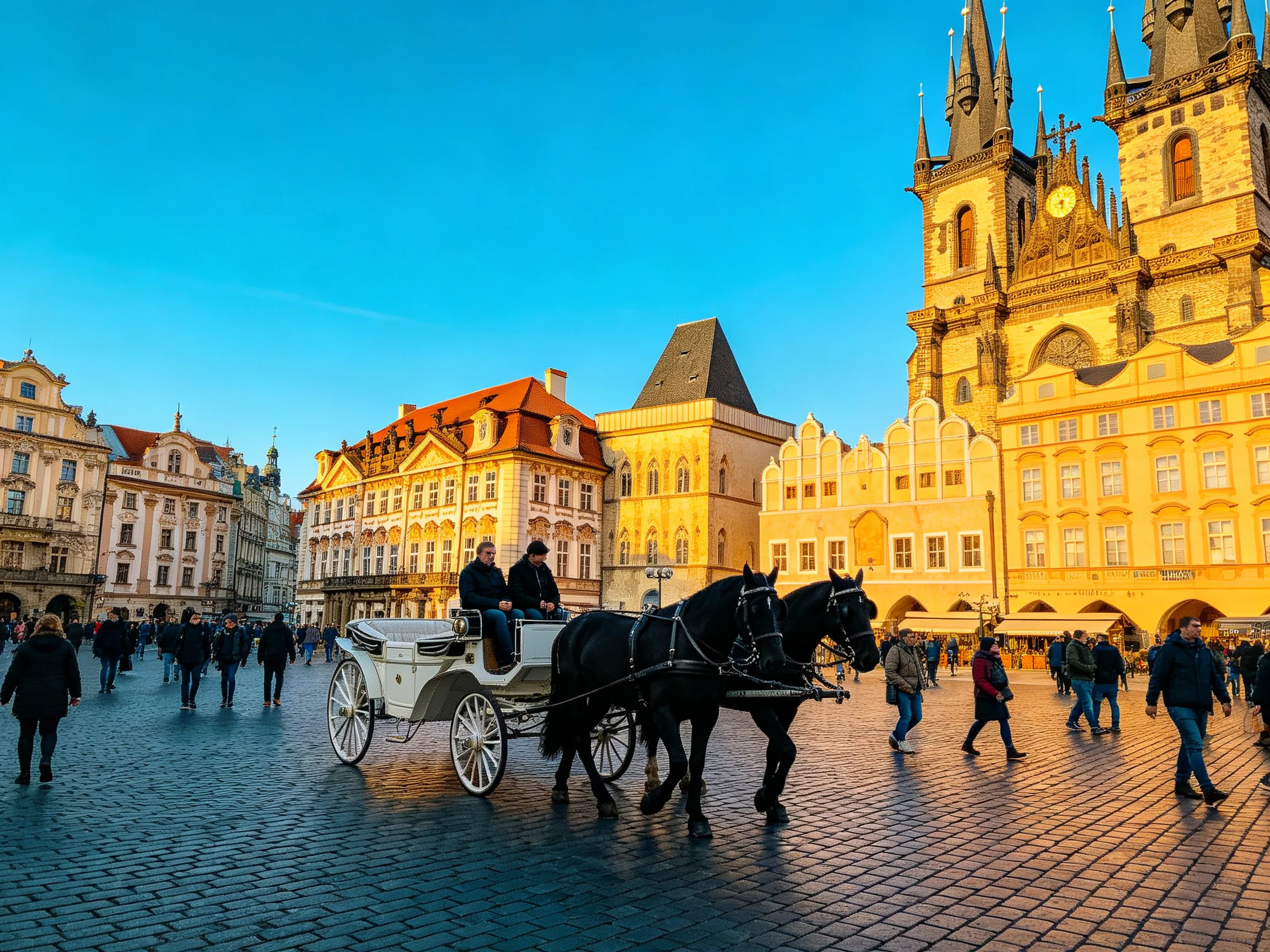 Horse-drawn carriage in Pragues historic square with golden architecture
