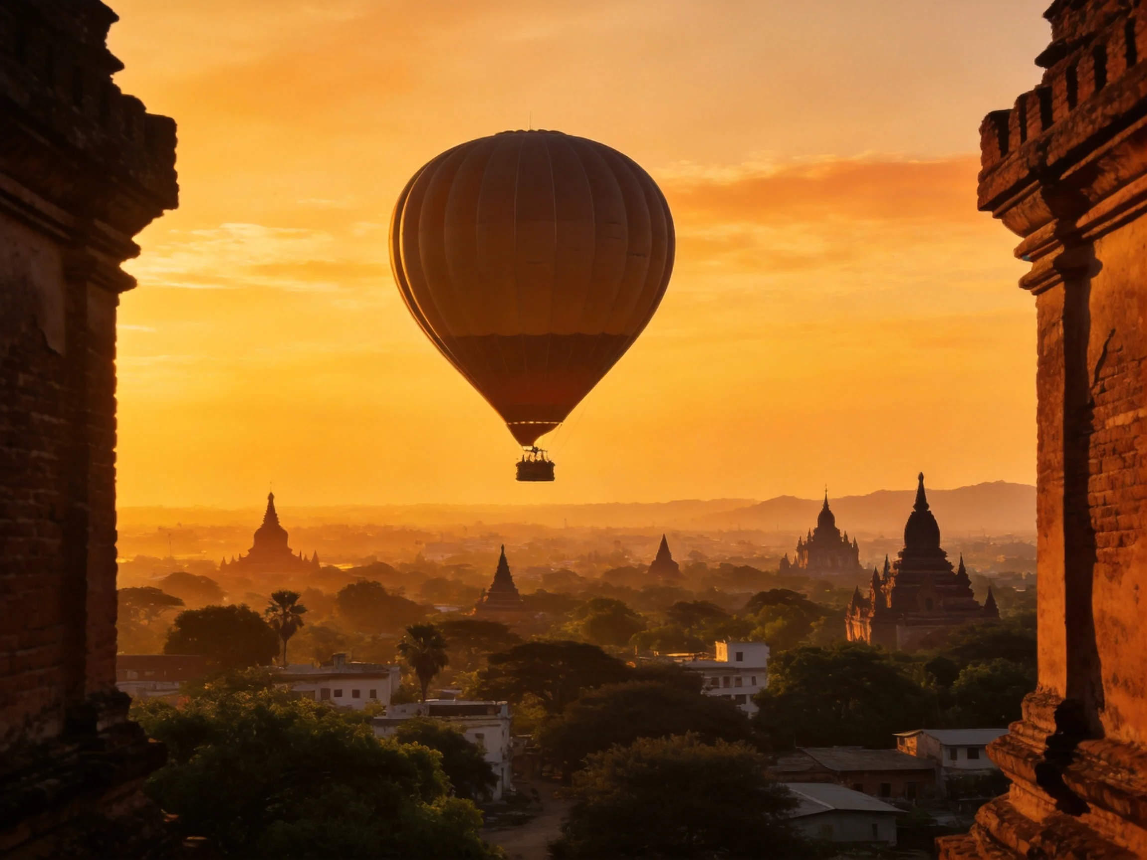 Hot air balloon floats over ancient temple landscape at golden sunrise
