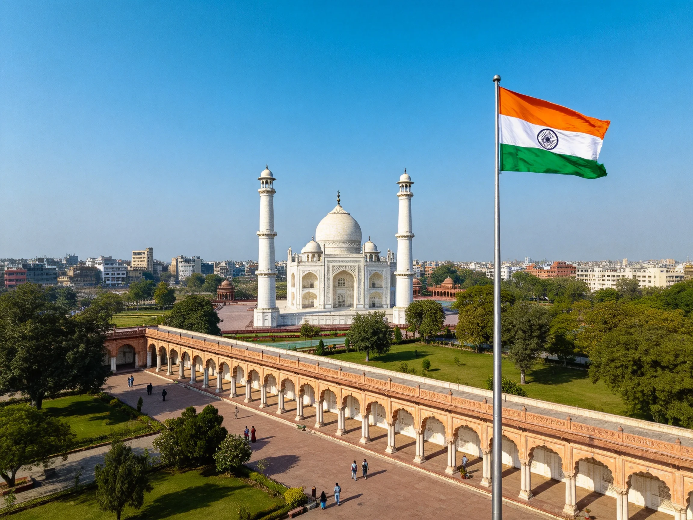 Iconic white monument near Indian flag with urban backdrop