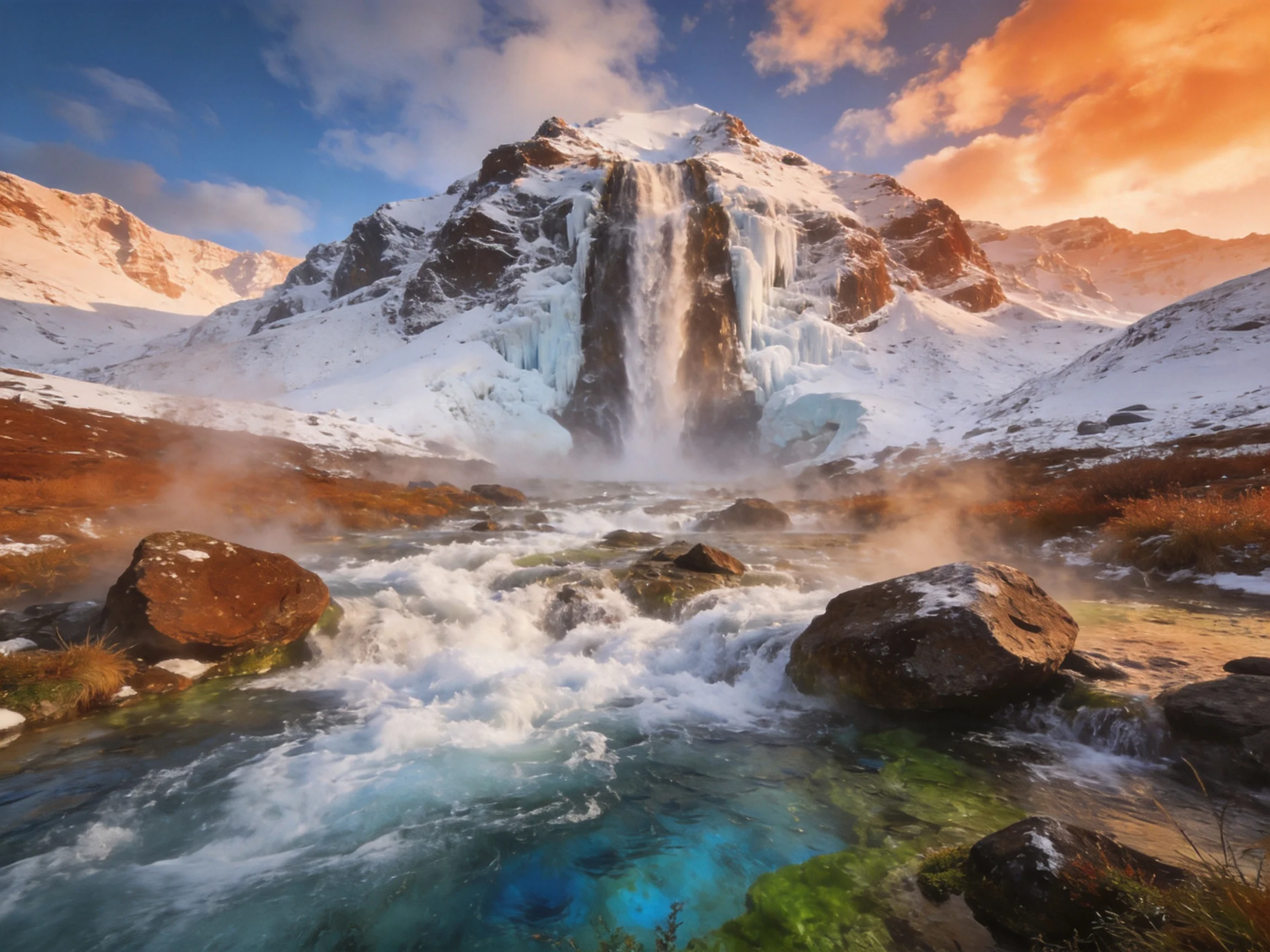 Icy waterfall cascades into steaming thermal river near snow-capped mountains