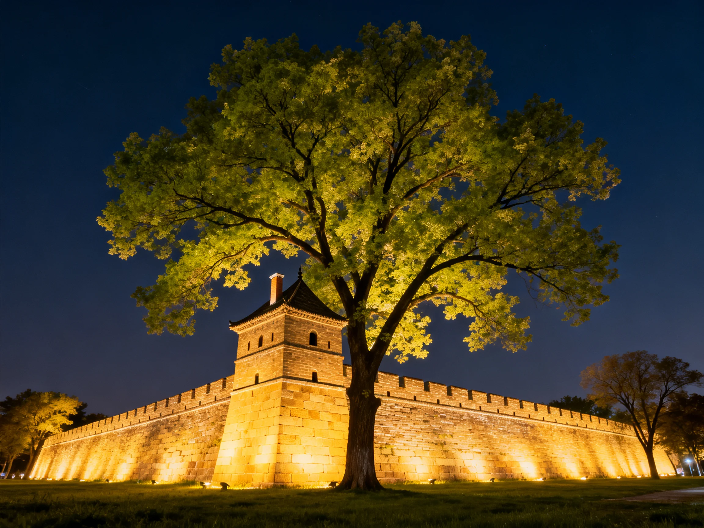 Illuminated Ancient Stone Wall with Large Tree at Night