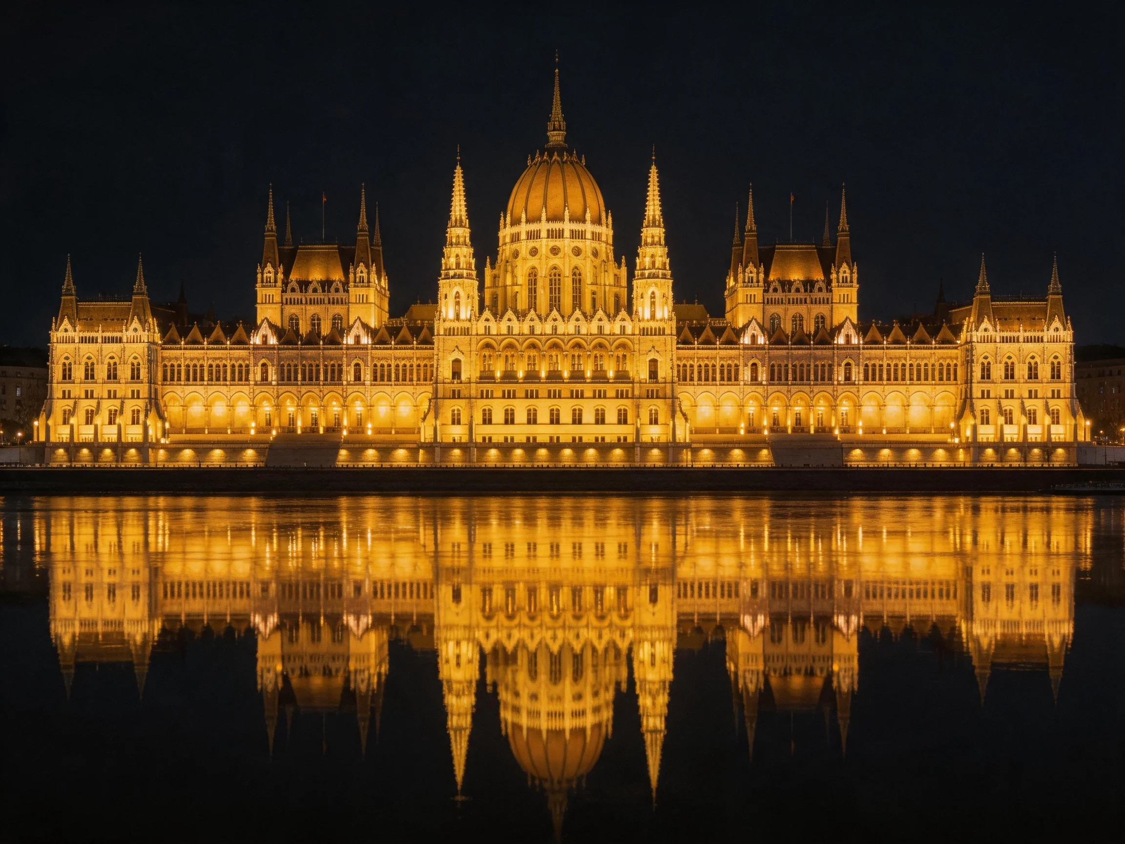 Illuminated Gothic Parliament Building Reflecting in Dark Water
