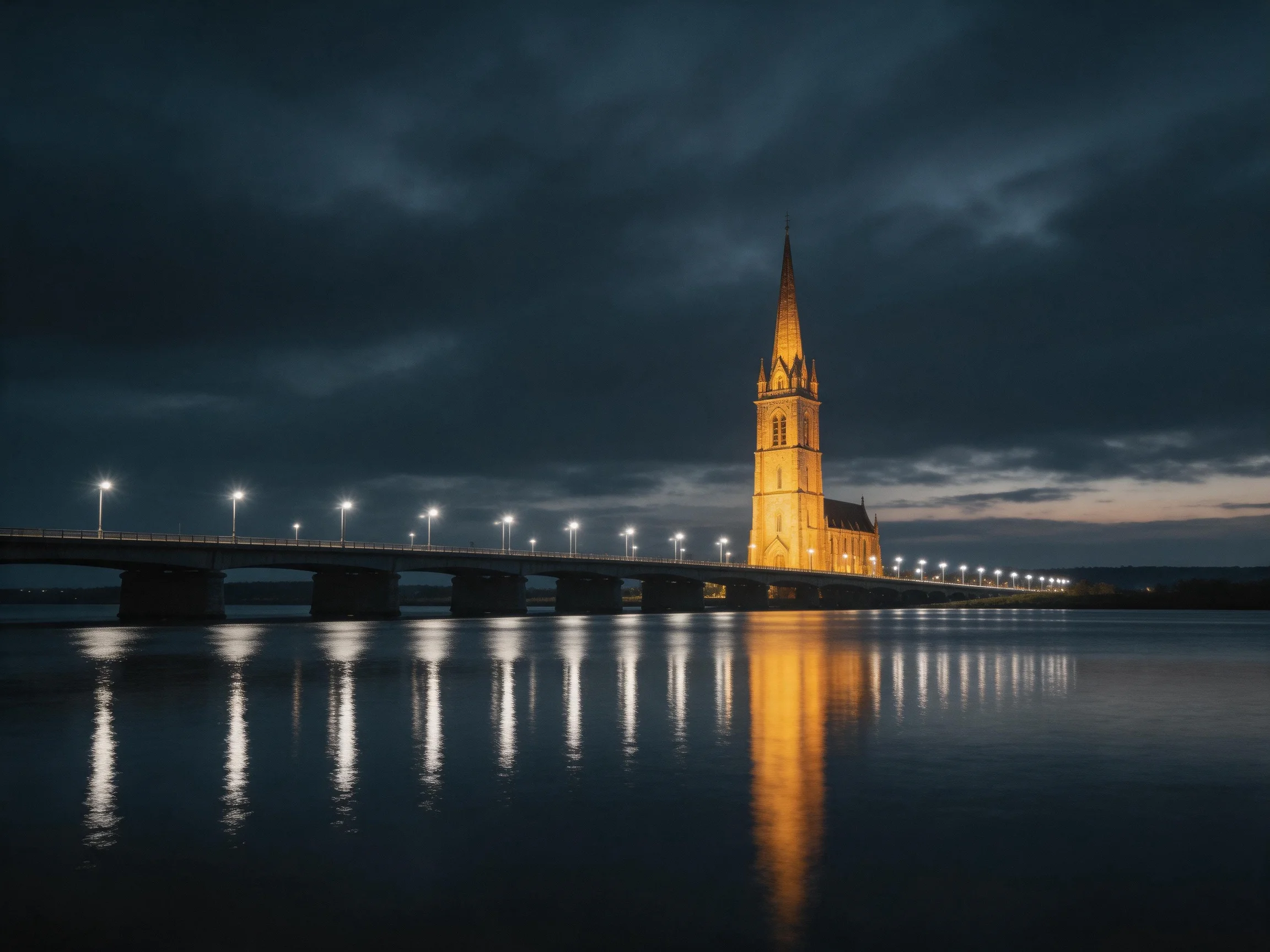 Illuminated Gothic Tower with Lit Bridge Over Reflective Water