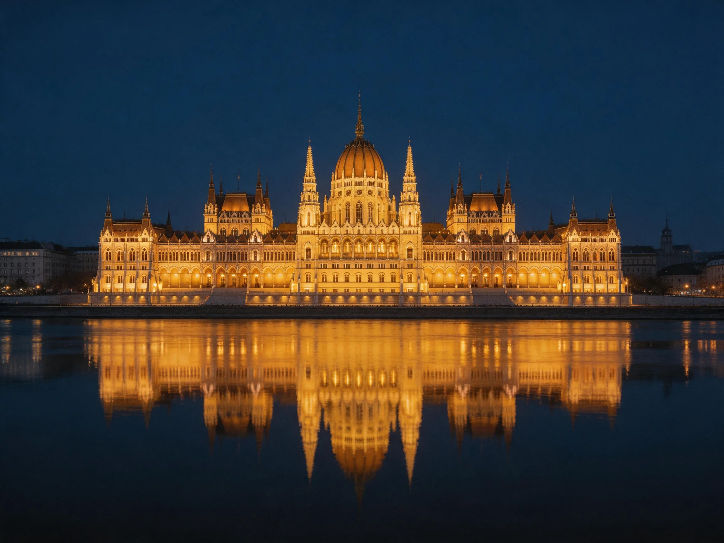 Illuminated Hungarian Parliament Building Reflecting on Dark Water