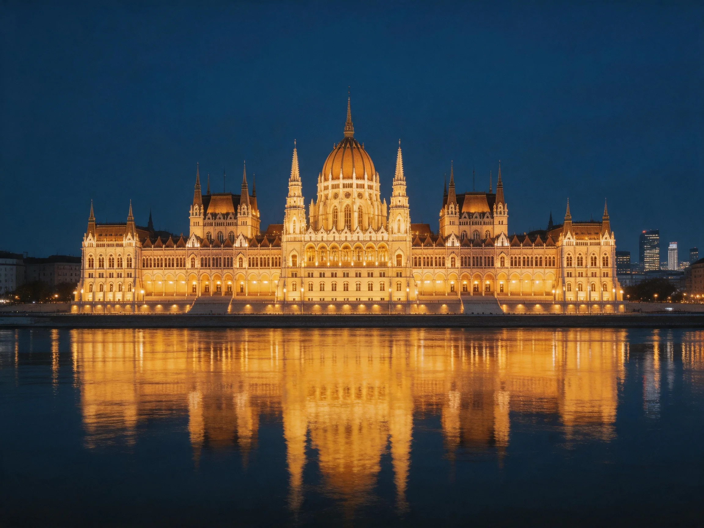 Illuminated Hungarian Parliament Building Reflecting on River at Night
