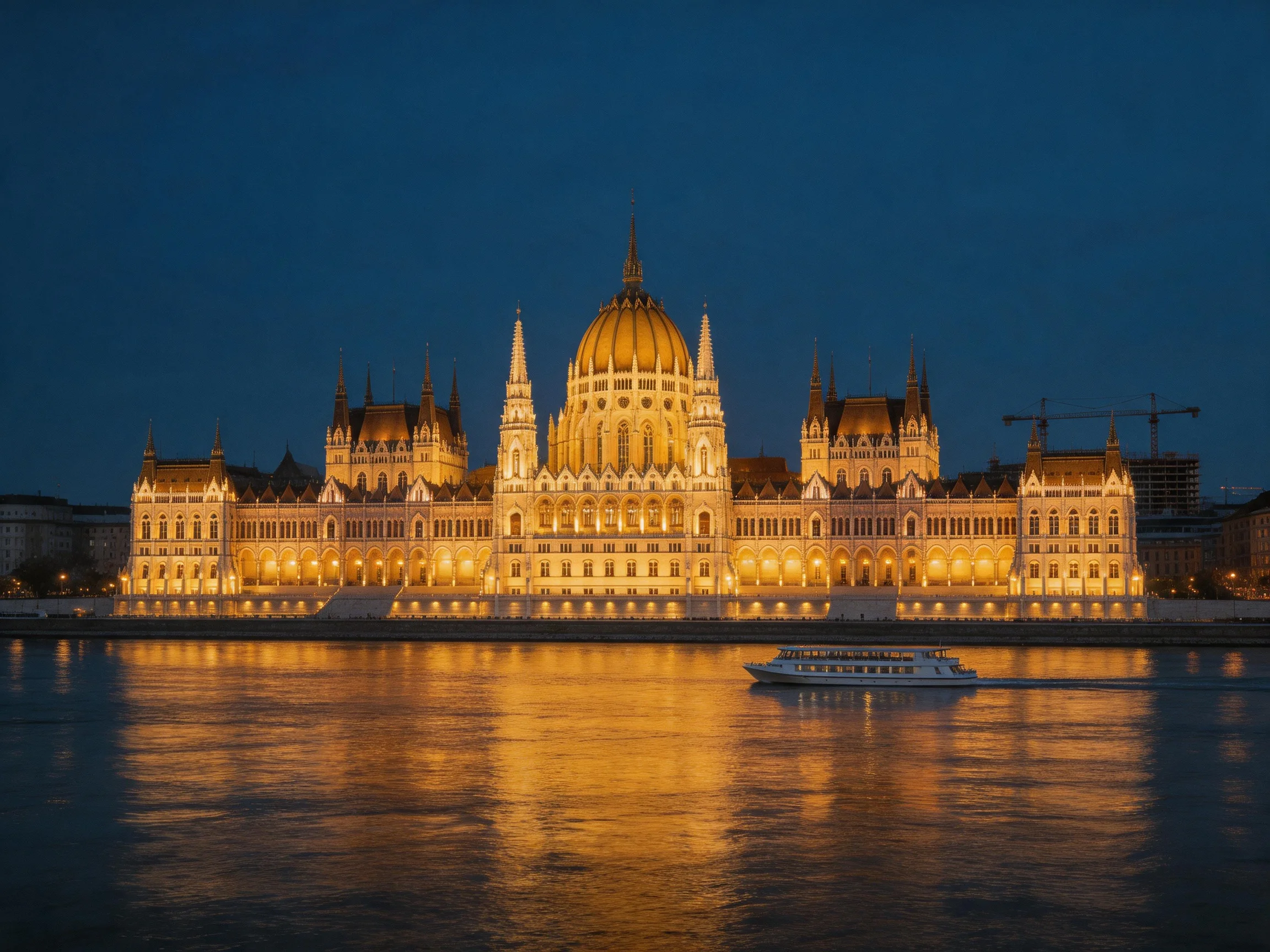Illuminated Hungarian Parliament Building by the Danube River at dusk