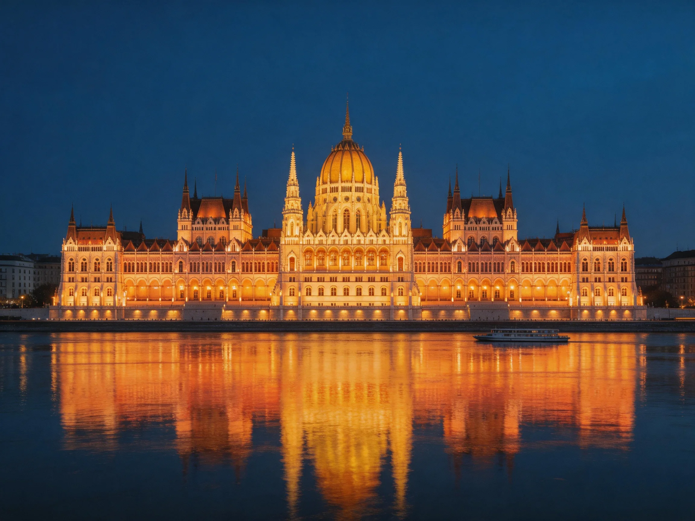 Illuminated Hungarian Parliament Reflecting on Still Water at Dusk