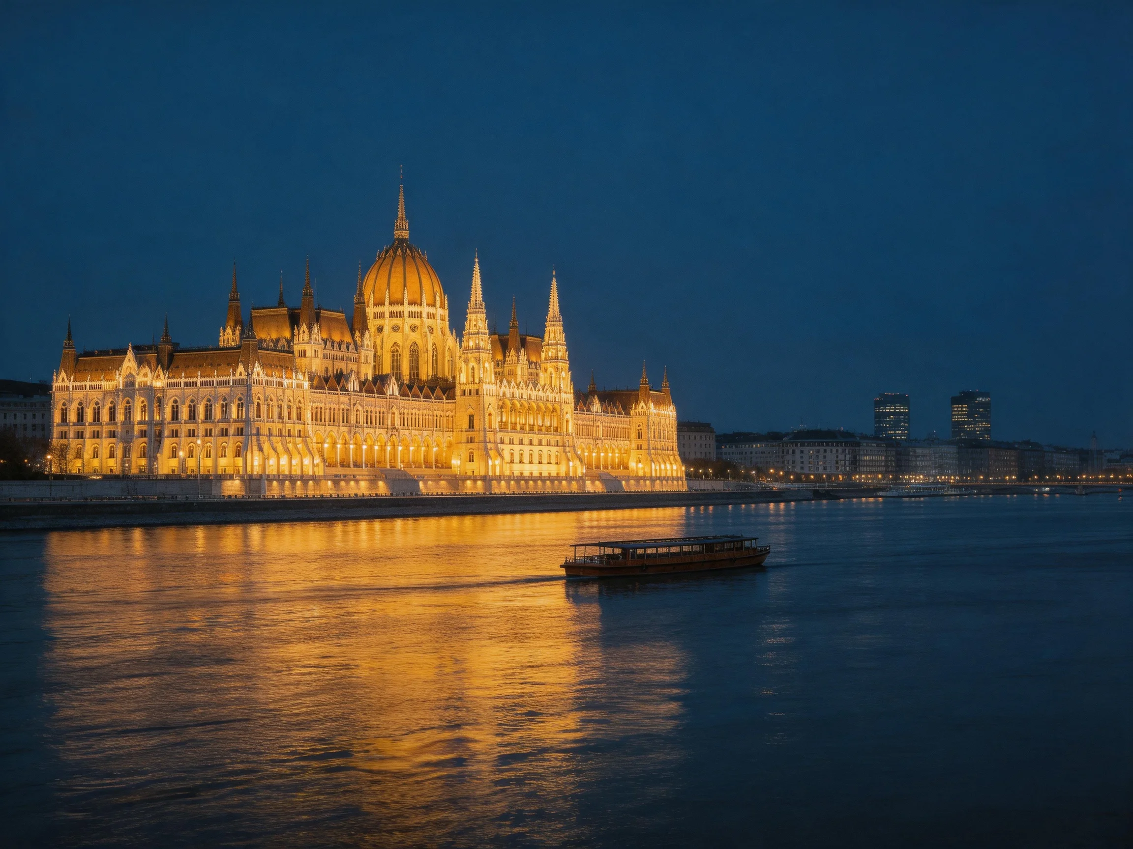 Illuminated Hungarian Parliament by Night on the Danube