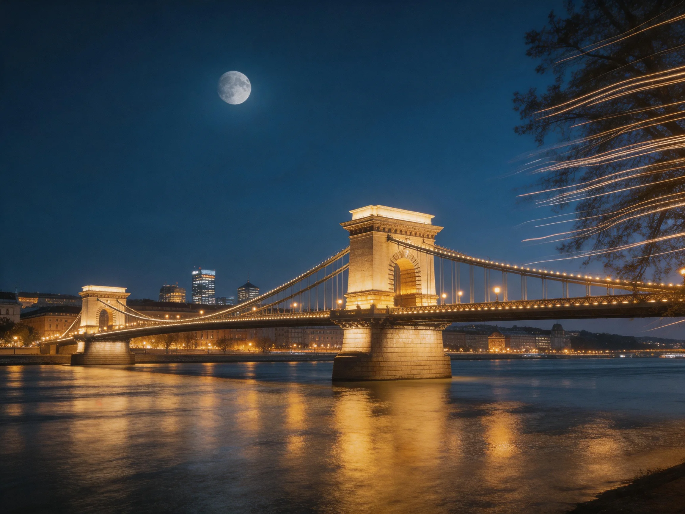 Illuminated chain bridge spans river under moonlit evening sky