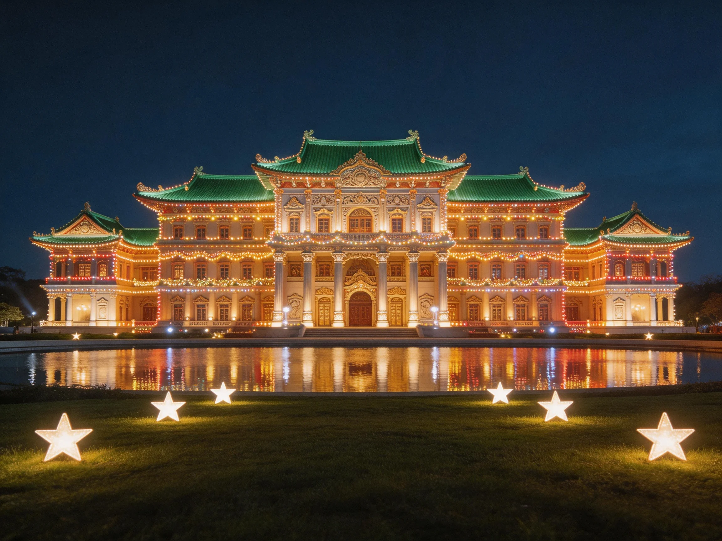 Illuminated traditional building with green roofs and star decorations