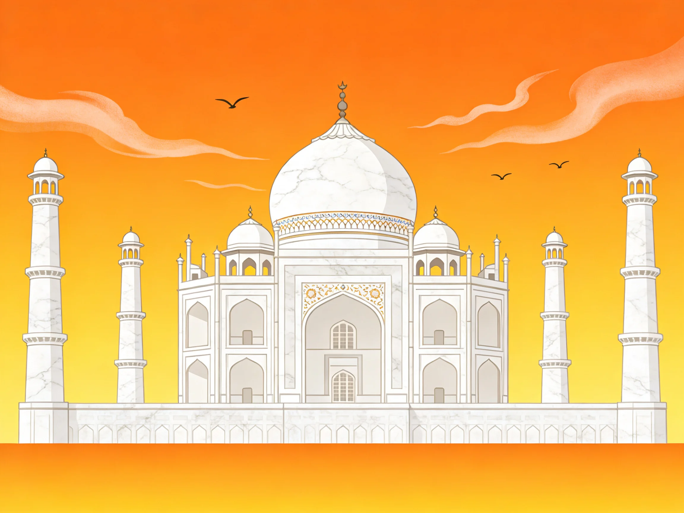 Illustrated Taj Mahal with orange sunset sky and white marble architecture