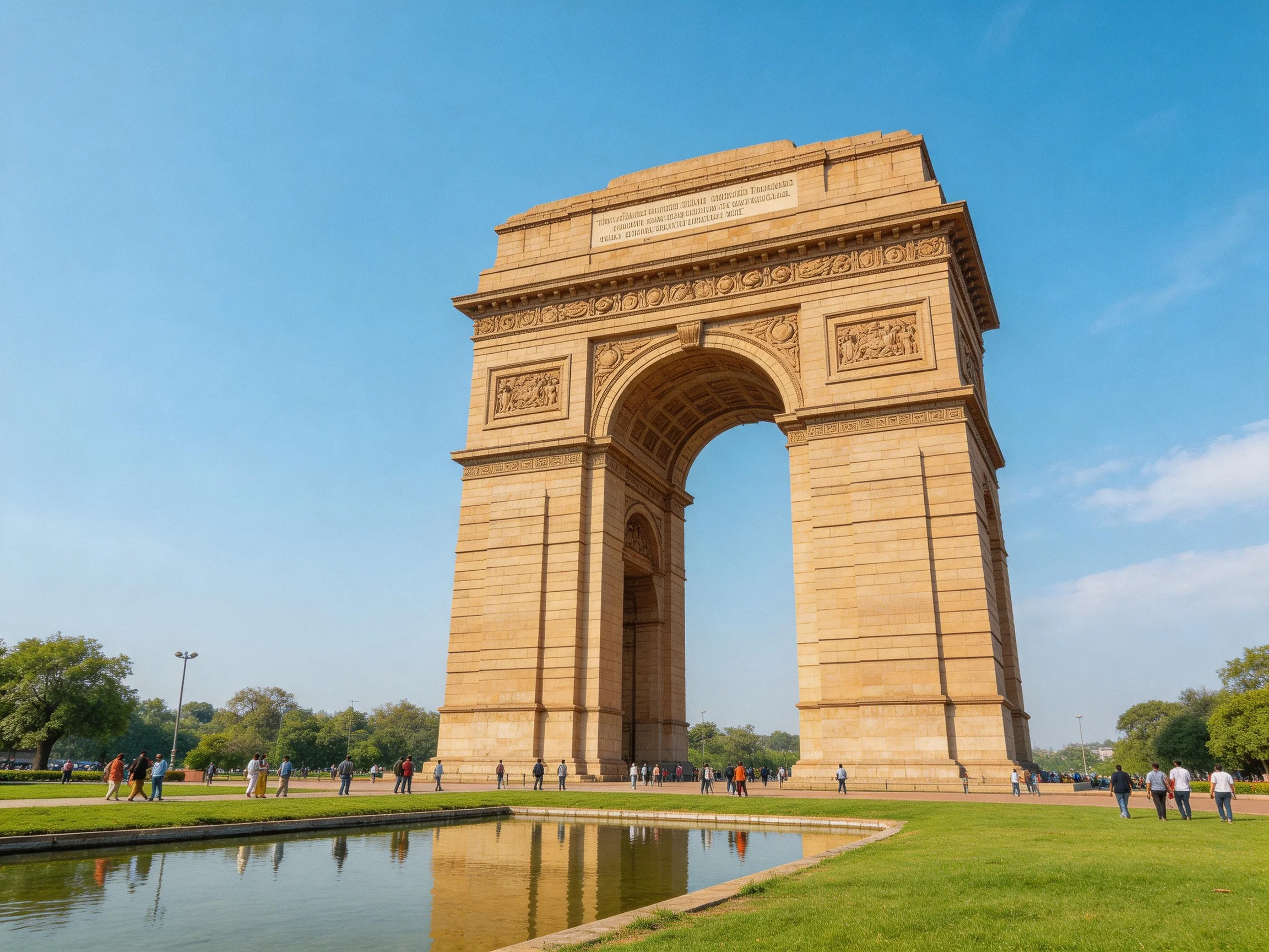 India Gate monument with clear blue sky and green surroundings