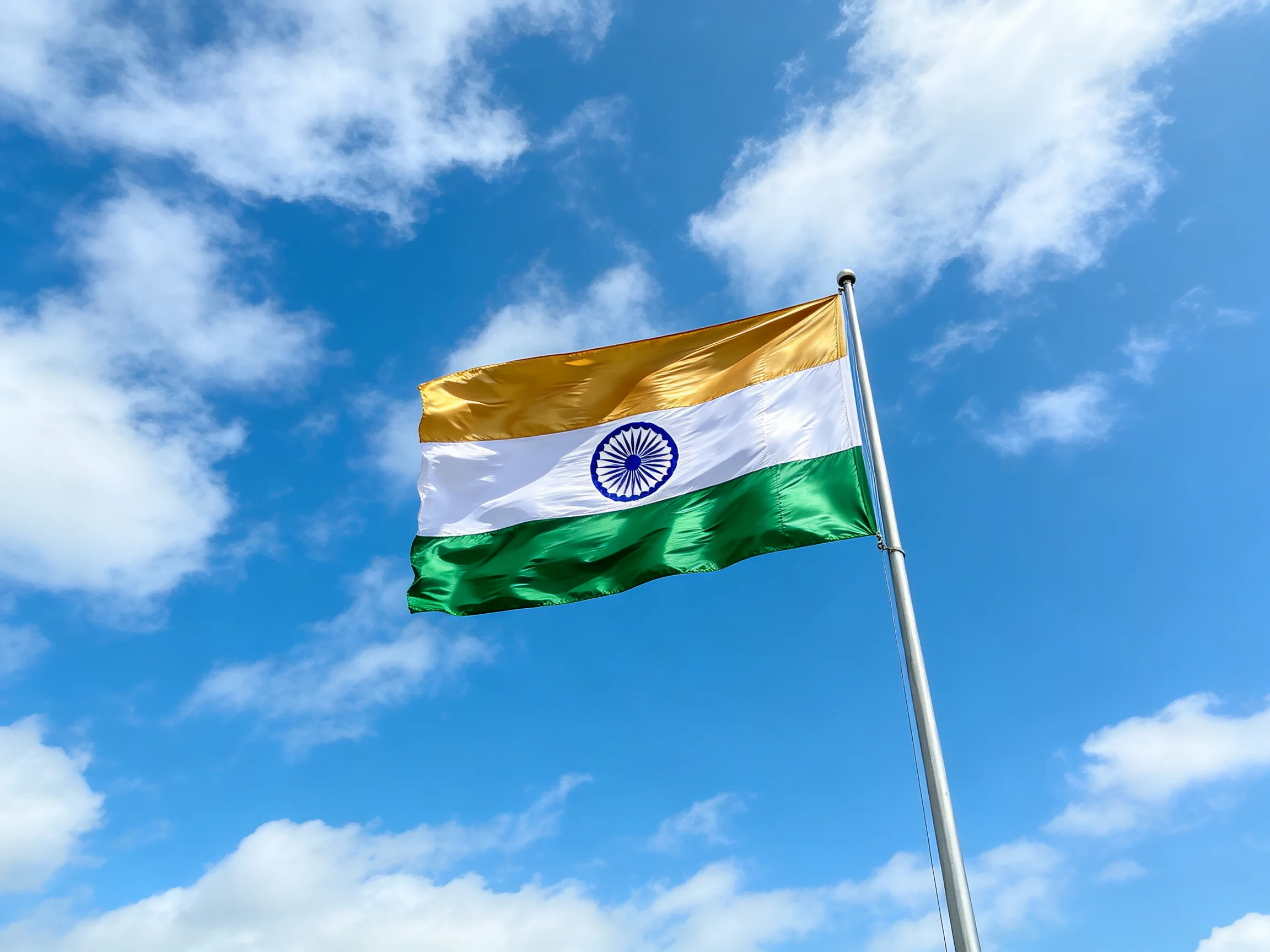 Indian national flag waving against bright blue sky with scattered clouds