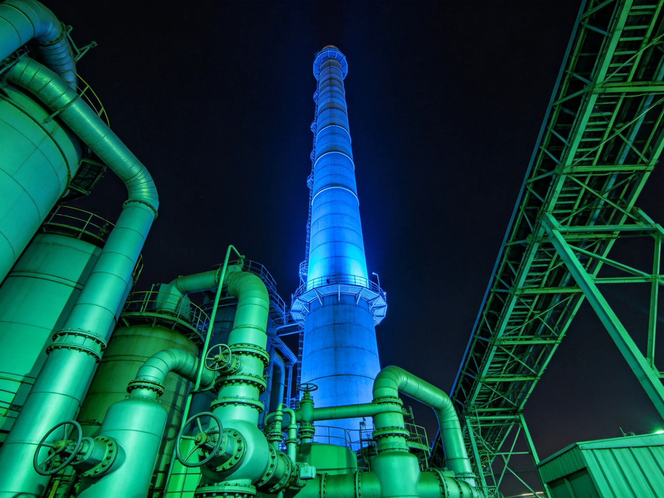 Industrial Chimney Illuminated in Blue Amidst Green Pipelines at Night