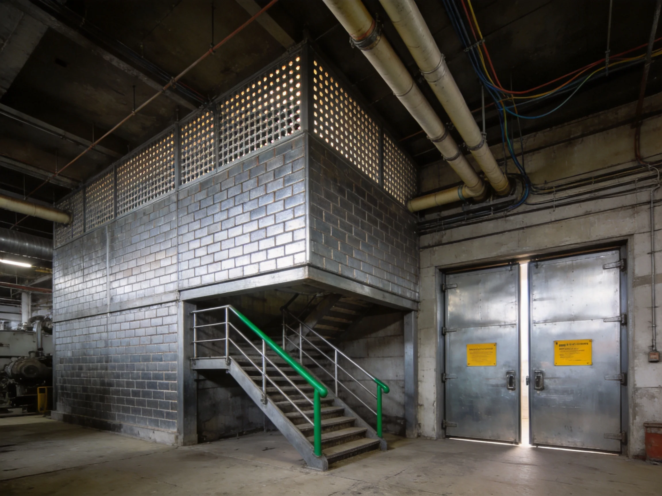 Industrial Metal Block Structure with Staircase and Large Doors