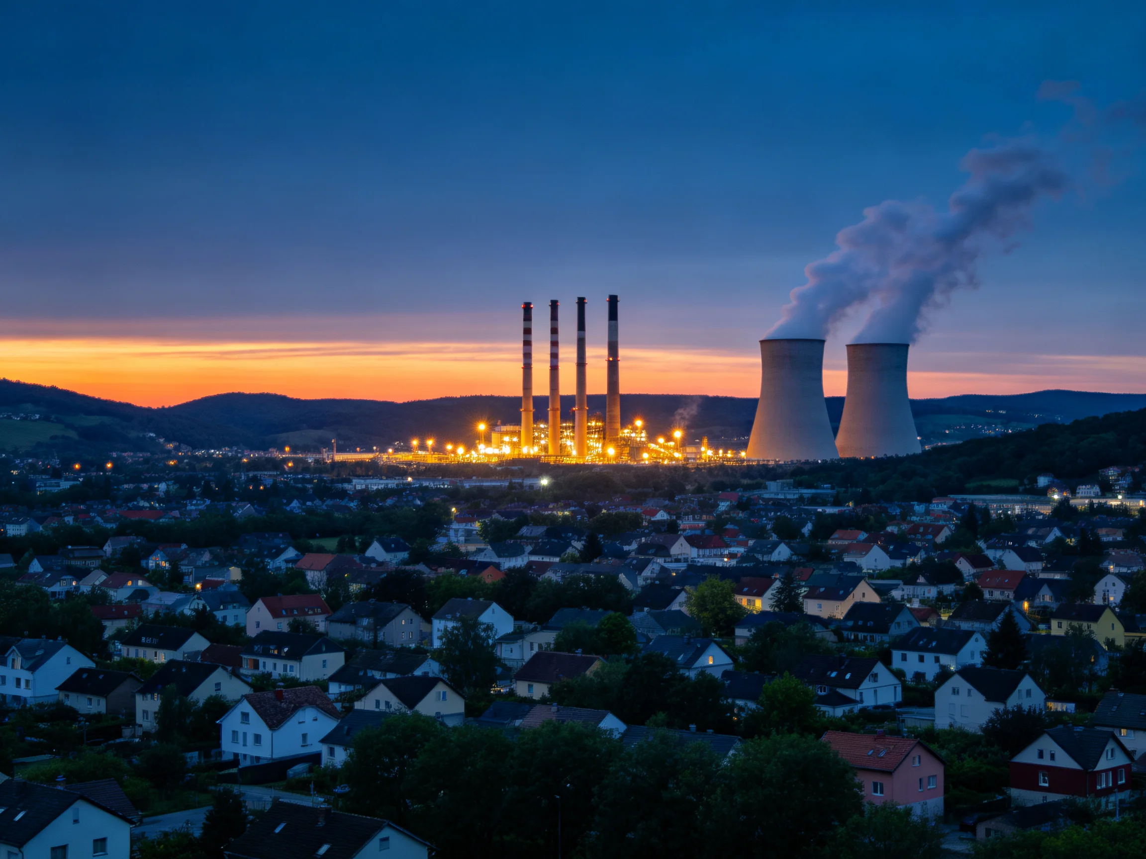 Industrial Power Plant and Residential Neighborhood at Dusk