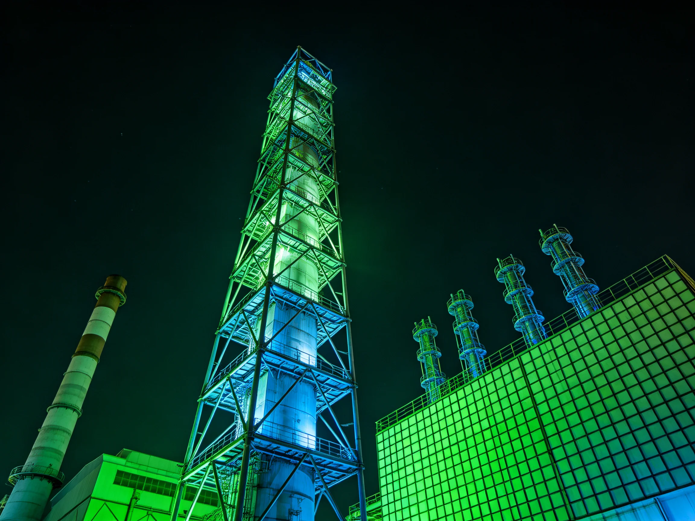Industrial Tower Illuminated in Green and Blue Night Lighting