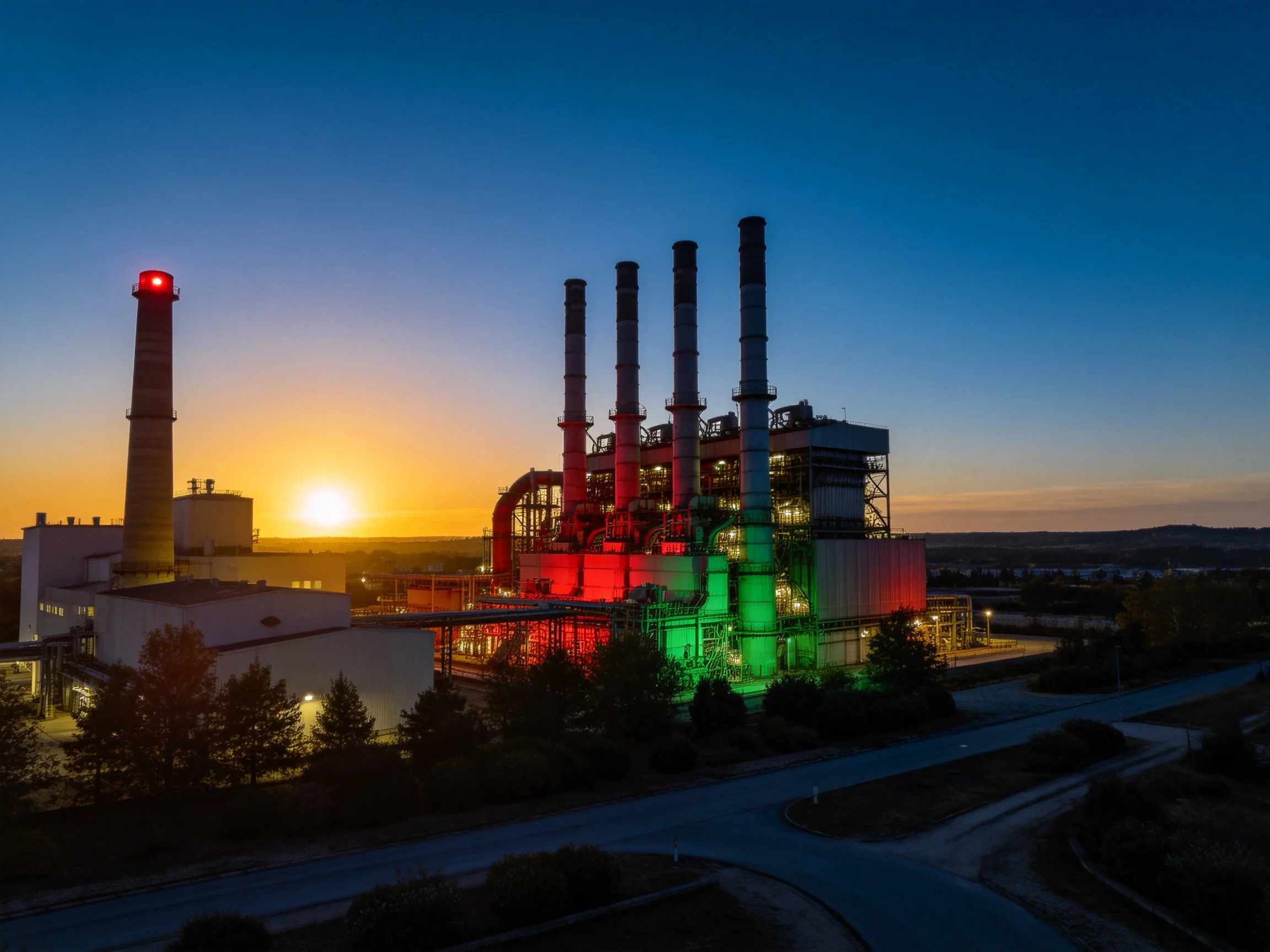 Industrial complex with red-green structures near setting sun