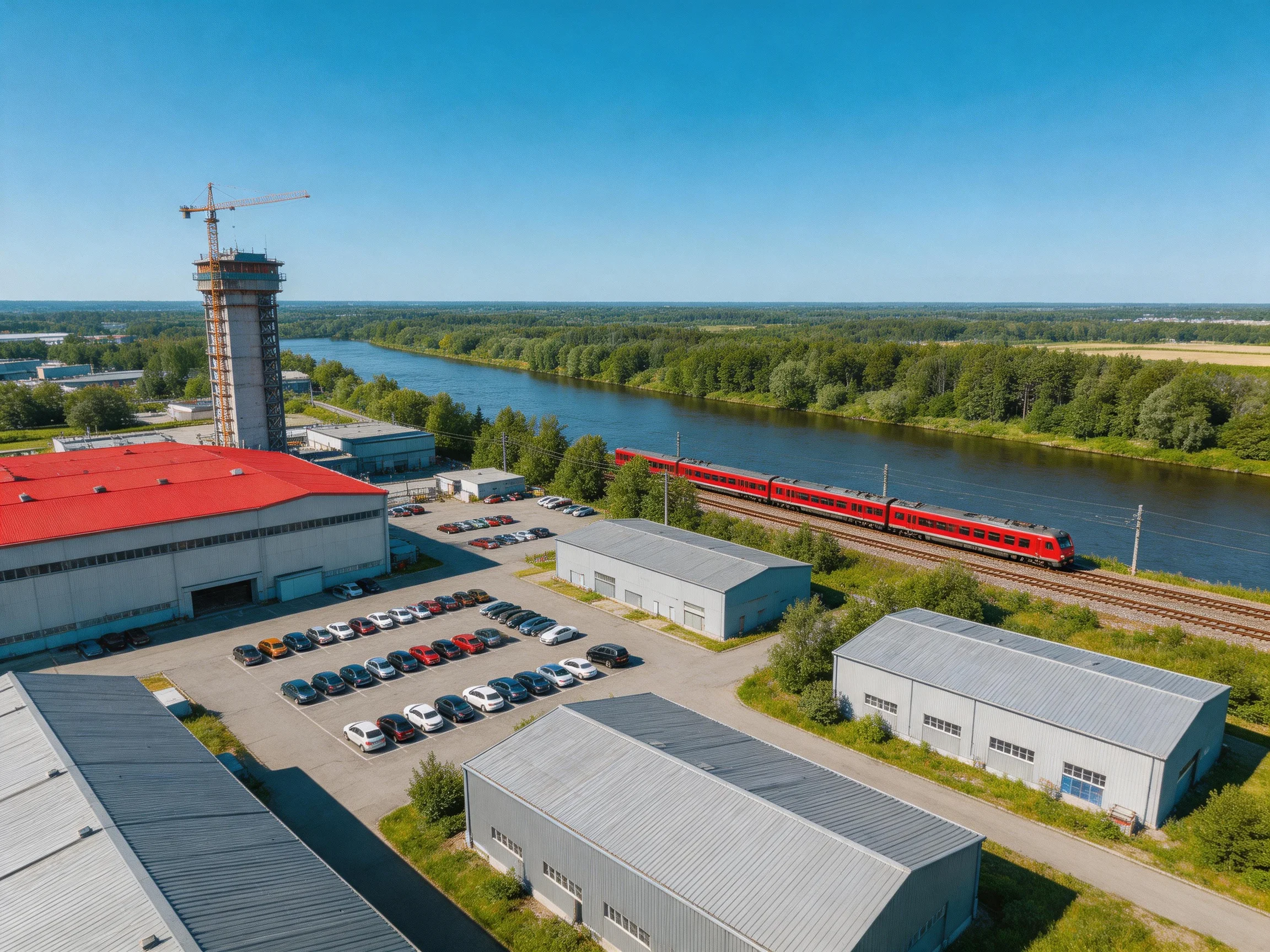 Industrial complex with red train, river, and construction tower