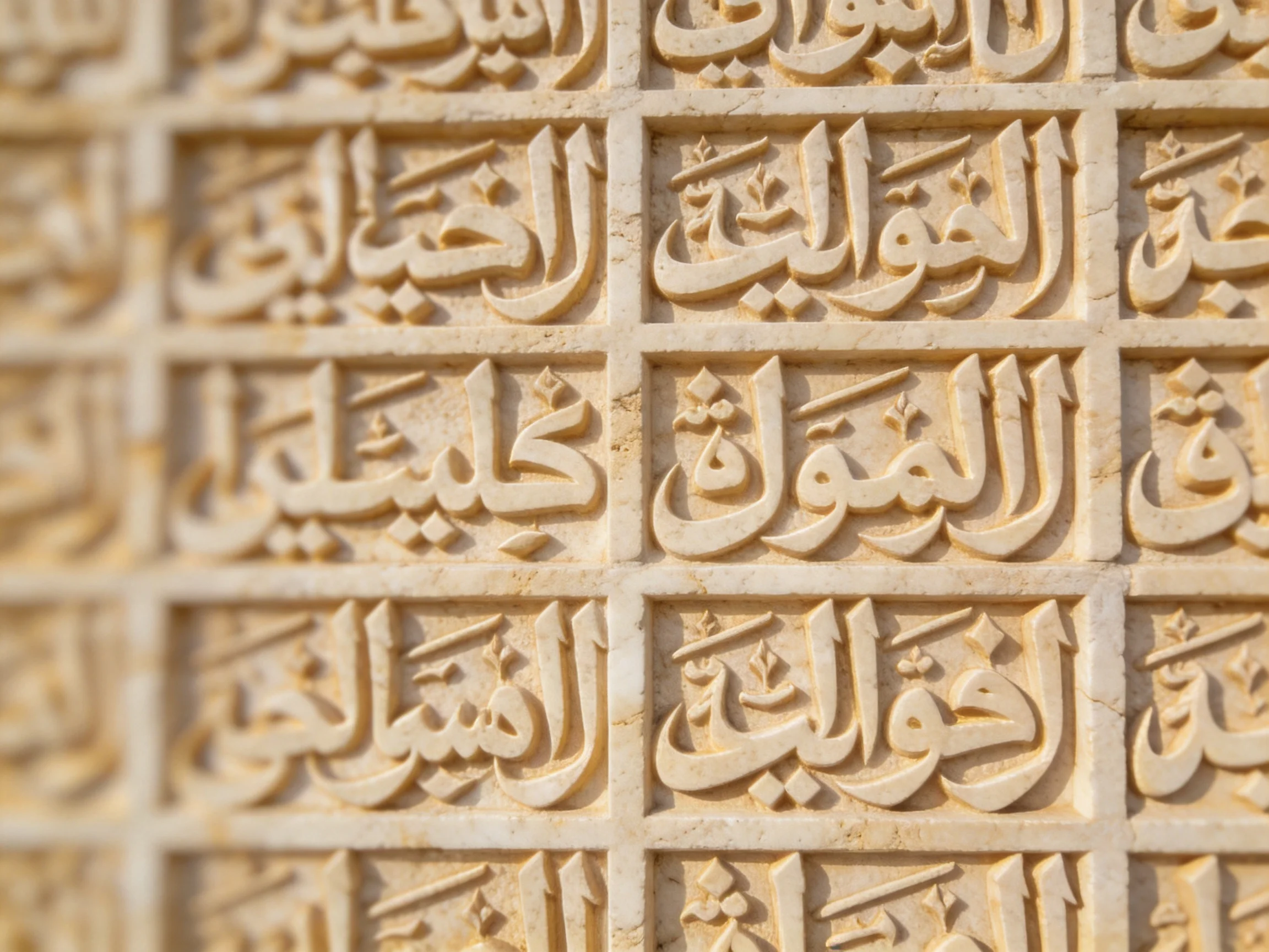 Intricate Arabic calligraphy engraved on warm beige stone panels