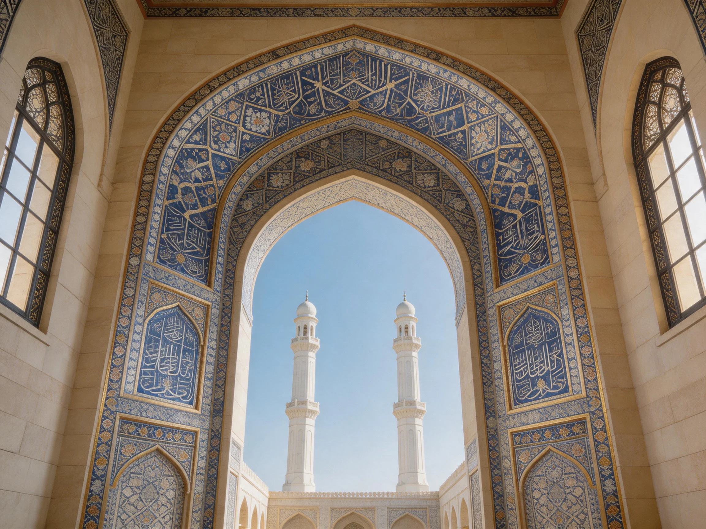 Intricate Blue-Tiled Archway Leading to White Minarets