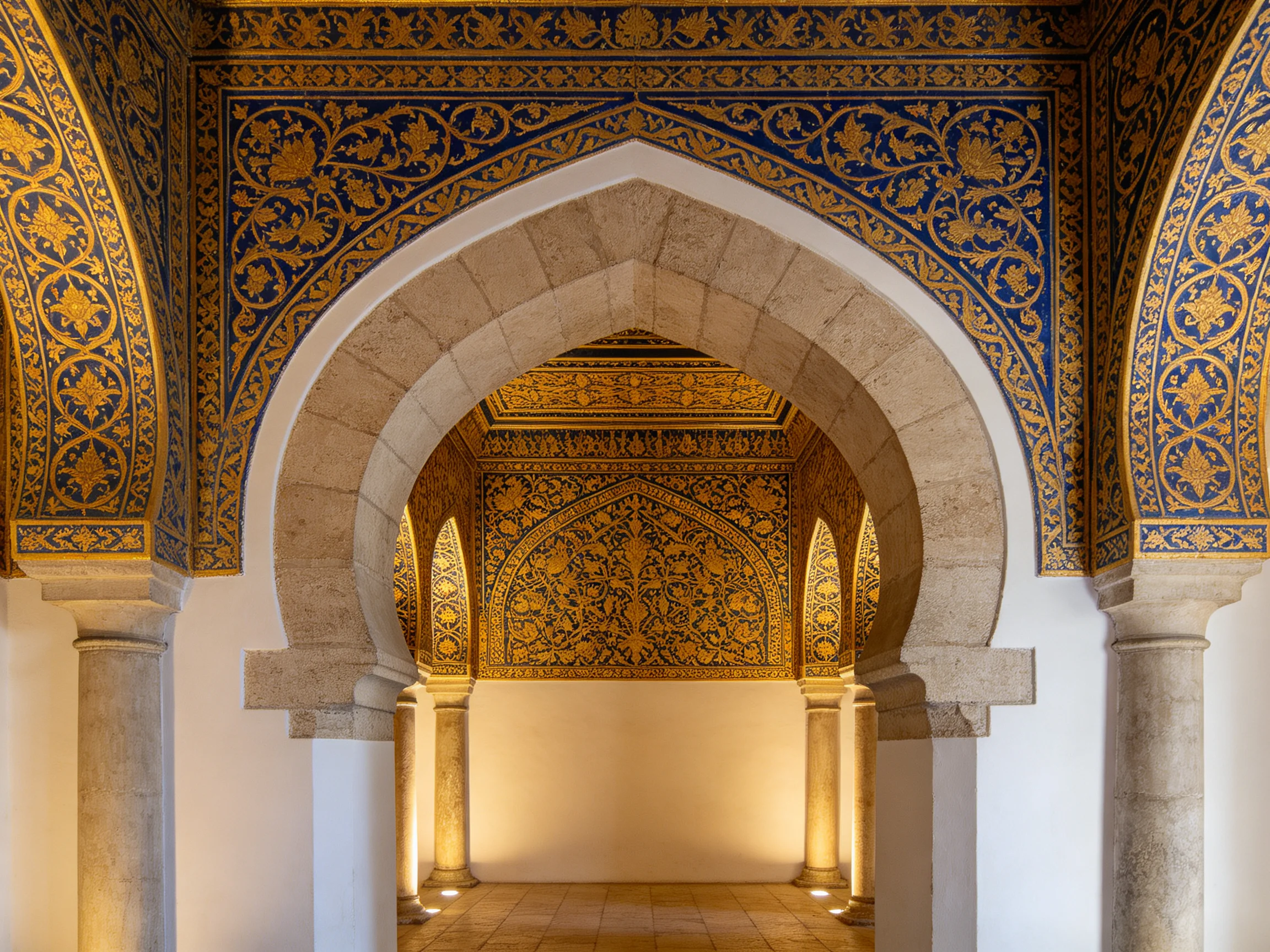Intricate Blue and Gold Decorated Arches with Stone Columns