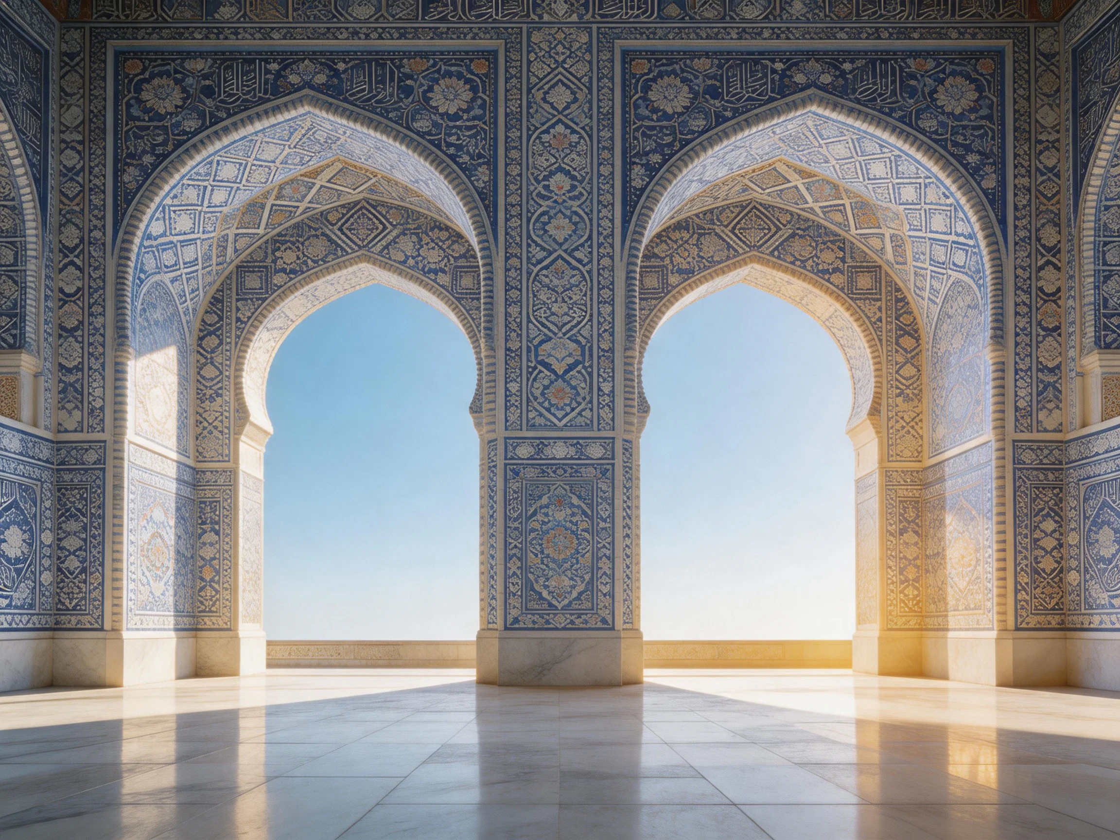 Intricate Blue and White Arched Interior with Sunlight