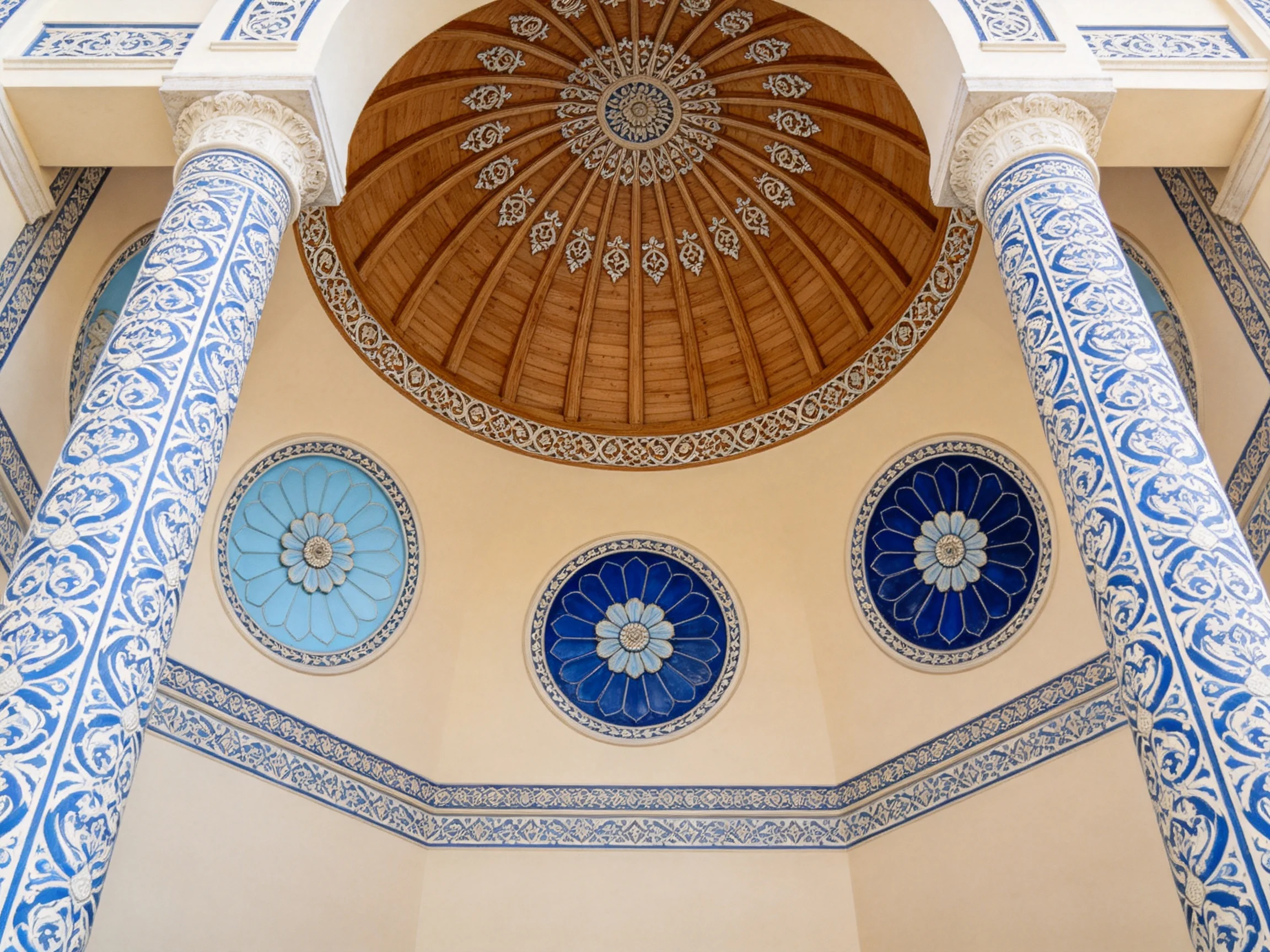 Intricate Blue and White Decorated Columns Under a Wooden Dome