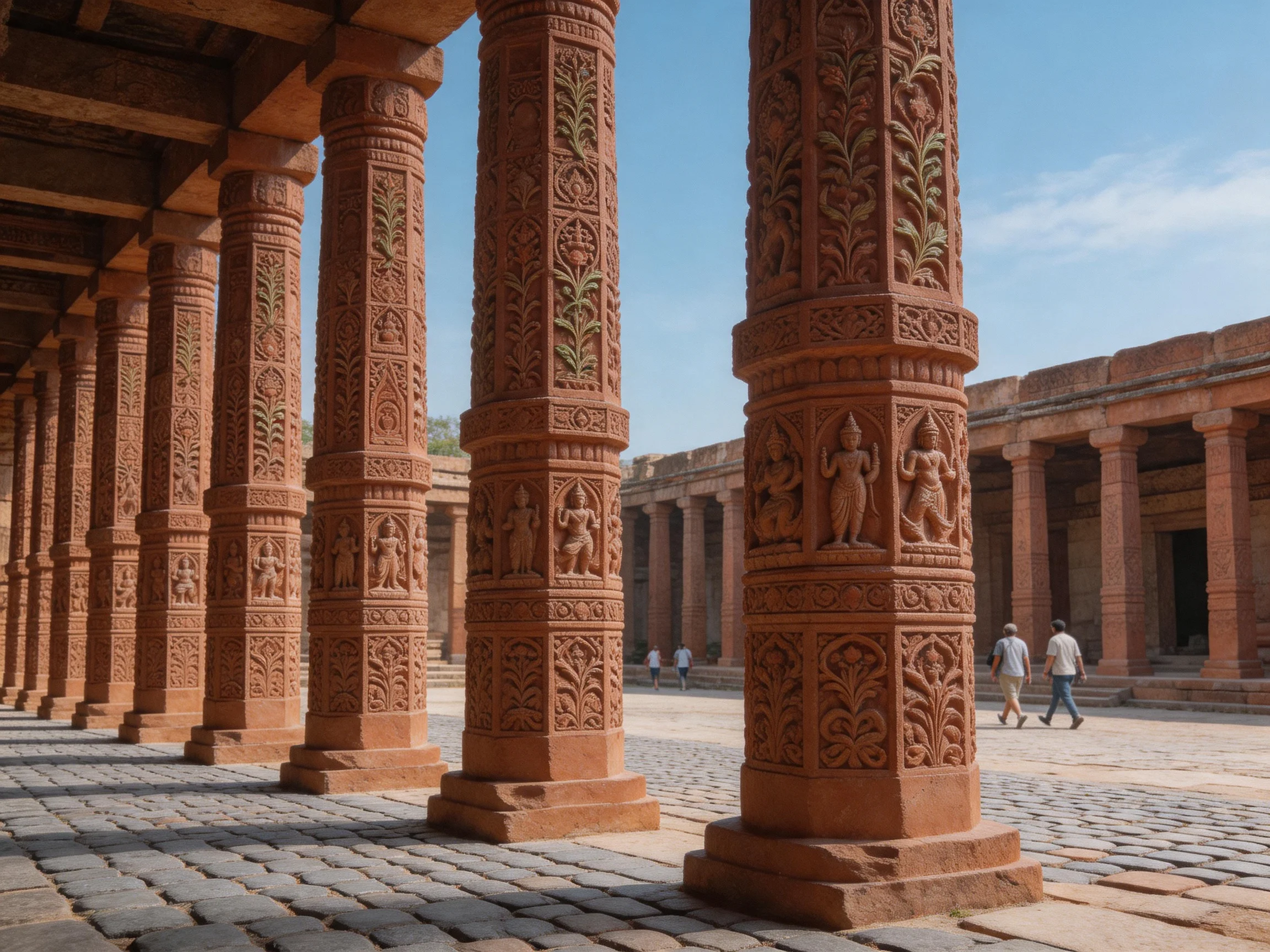 Intricate Carved Red Sandstone Columns in Ancient Temple Courtyard